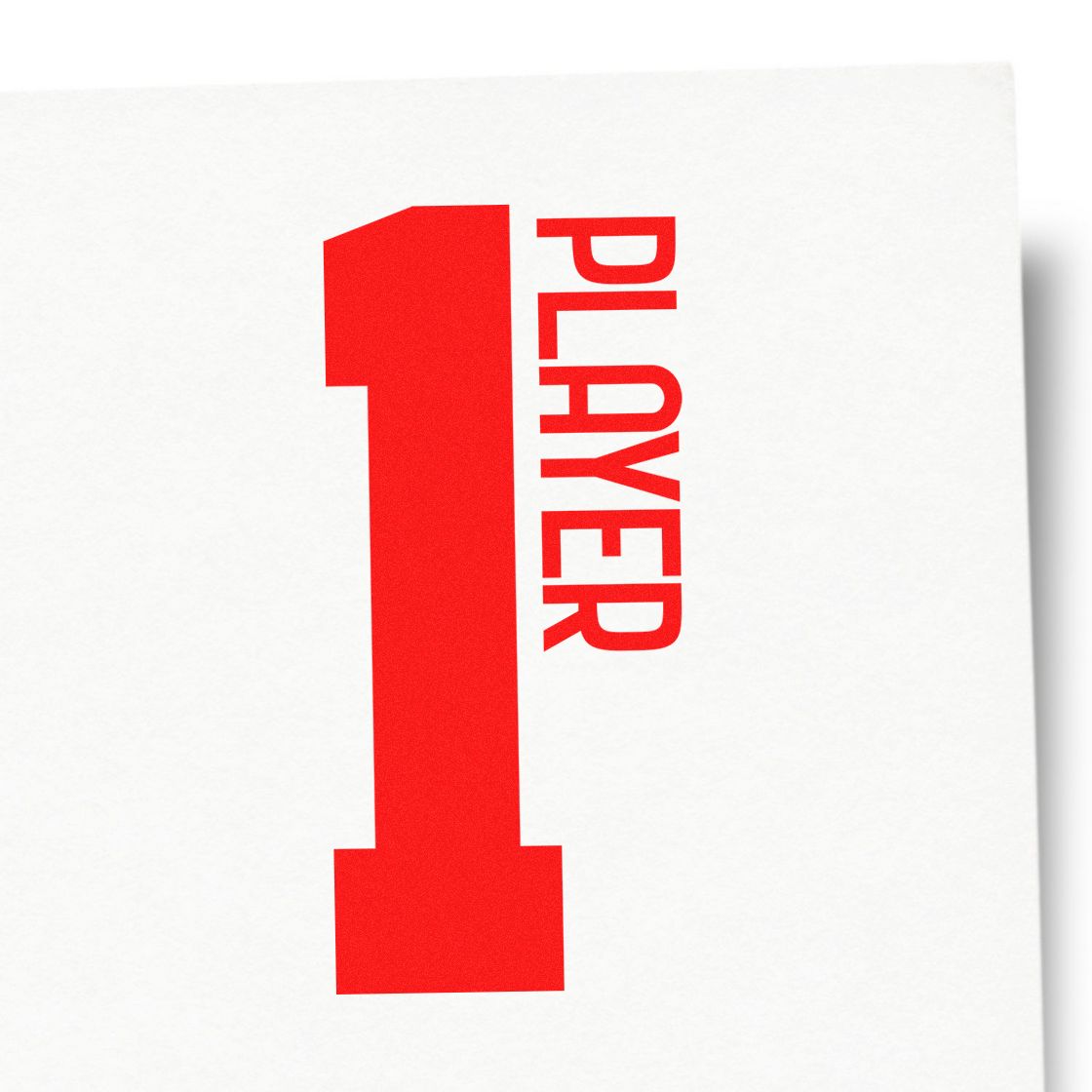 Player One Bold Number rubber stamp shown in red ink, stamped for projects such as shared room album page.
