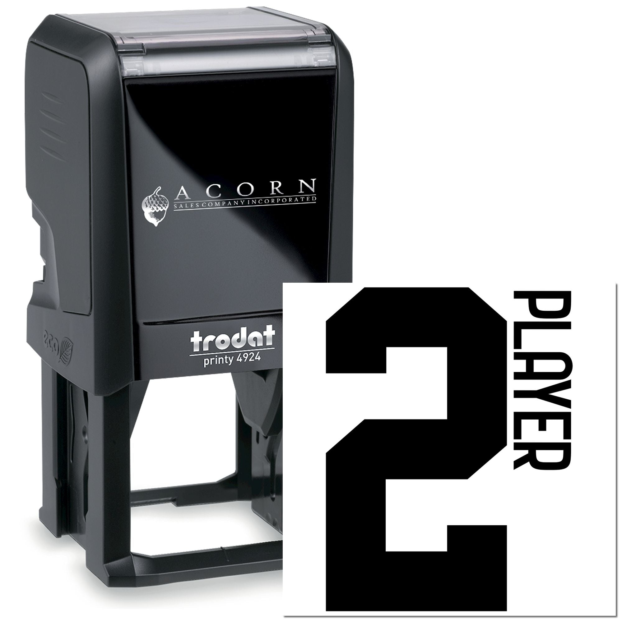 Trodat Printy 4924 self-inking rubber stamp with custom PLAYER 2 imprint for personalized office or gaming use