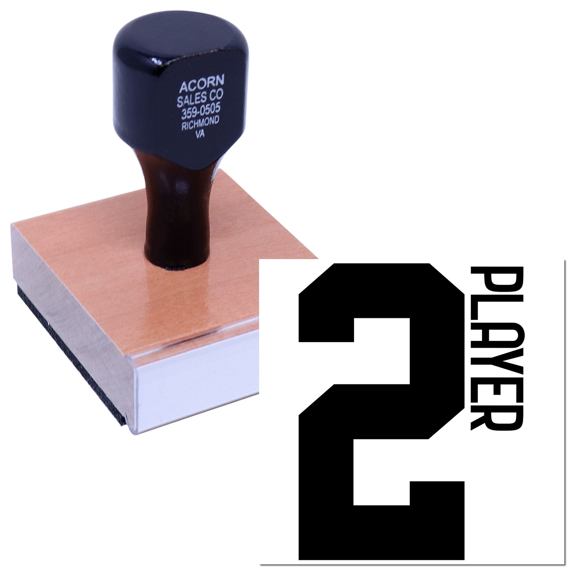 Custom rubber stamp on wood mount with bold 2 Player design for labeling, branding, and crafts.