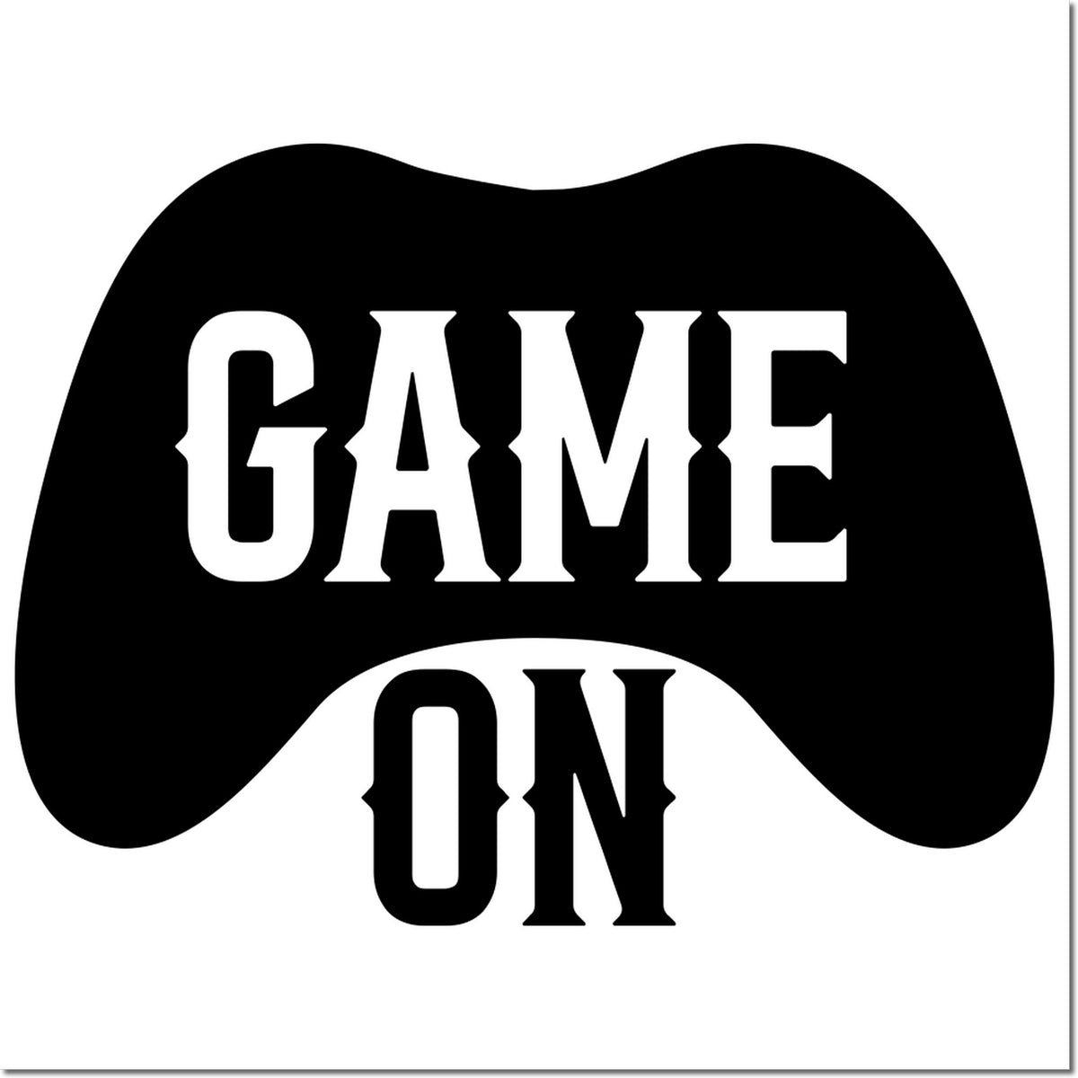 Game On custom rubber stamp with game controller silhouette and retro lettering for gaming events.