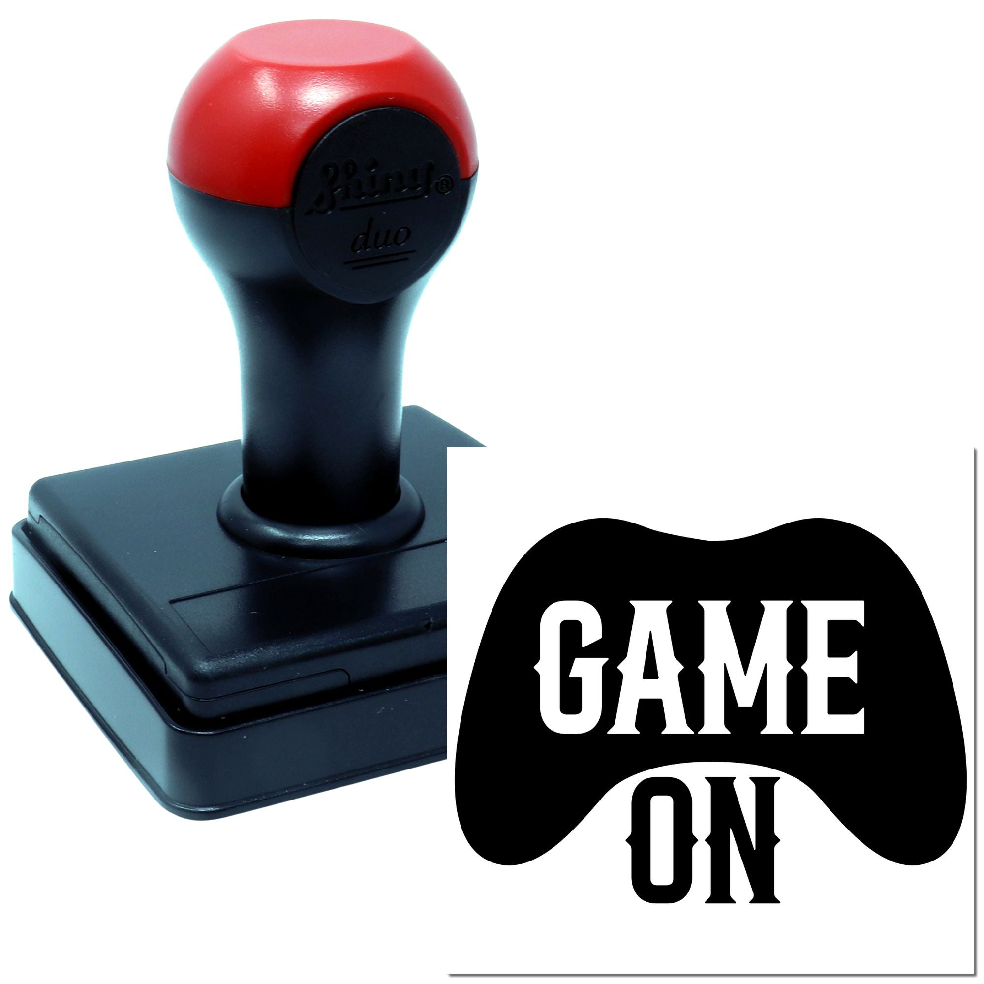 Custom self-inking Game On rubber stamp with game controller design for sports, gaming, and event branding.