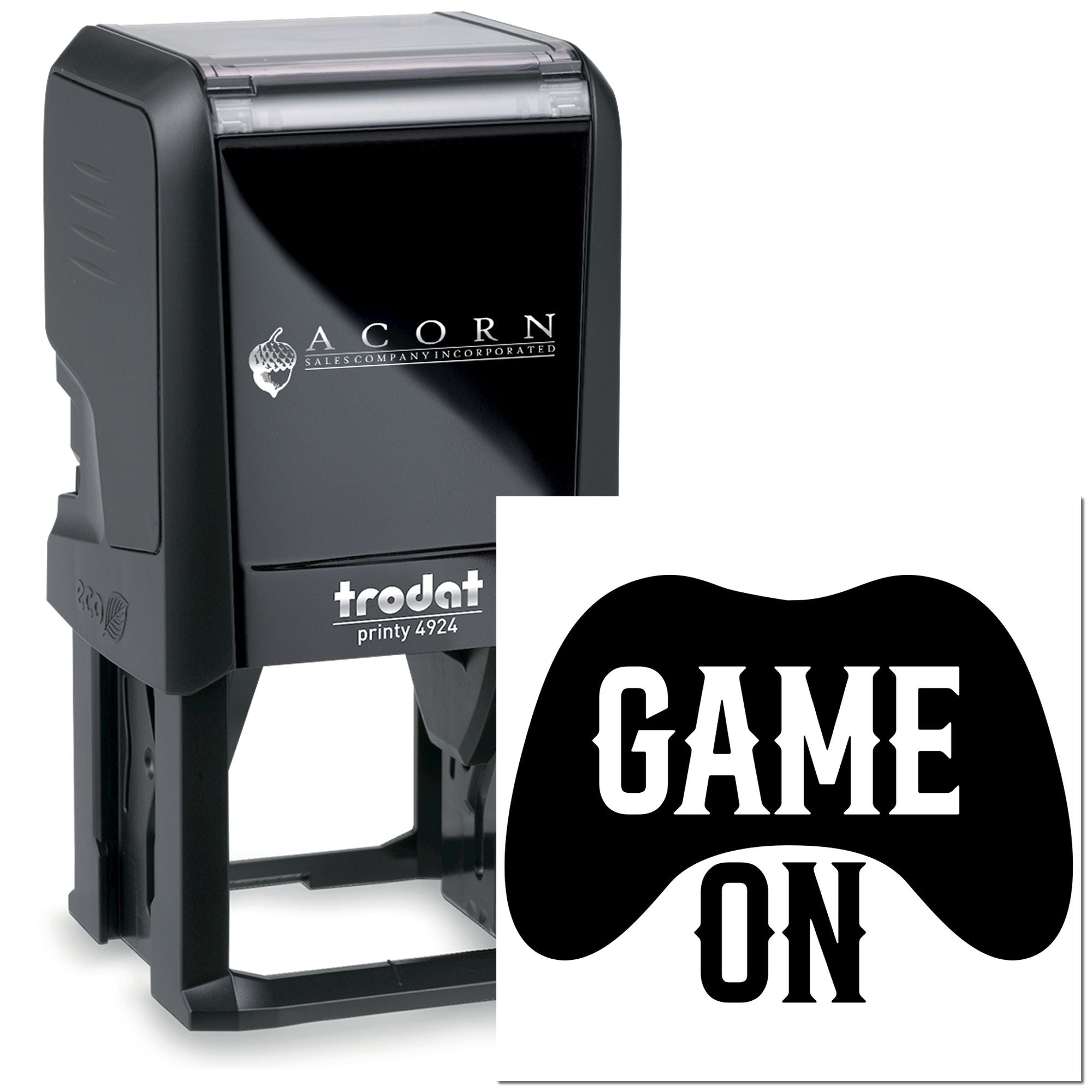 Custom Trodat Printy 4924 self-inking rubber stamp with Game On imprint for sports, gaming, or promotional branding.