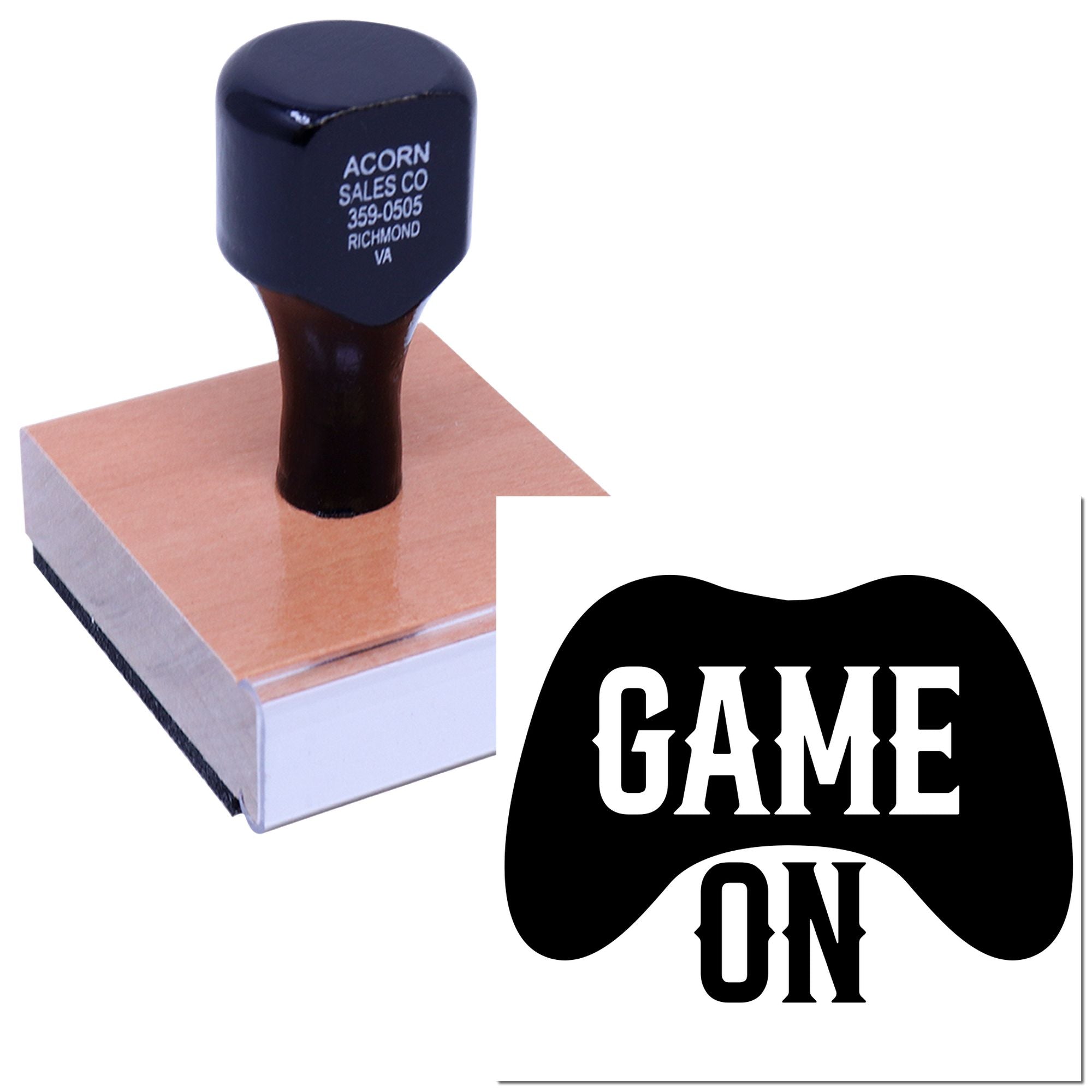 Wood-mounted custom rubber stamp with Game On game controller design for branding, packaging, and promotions.