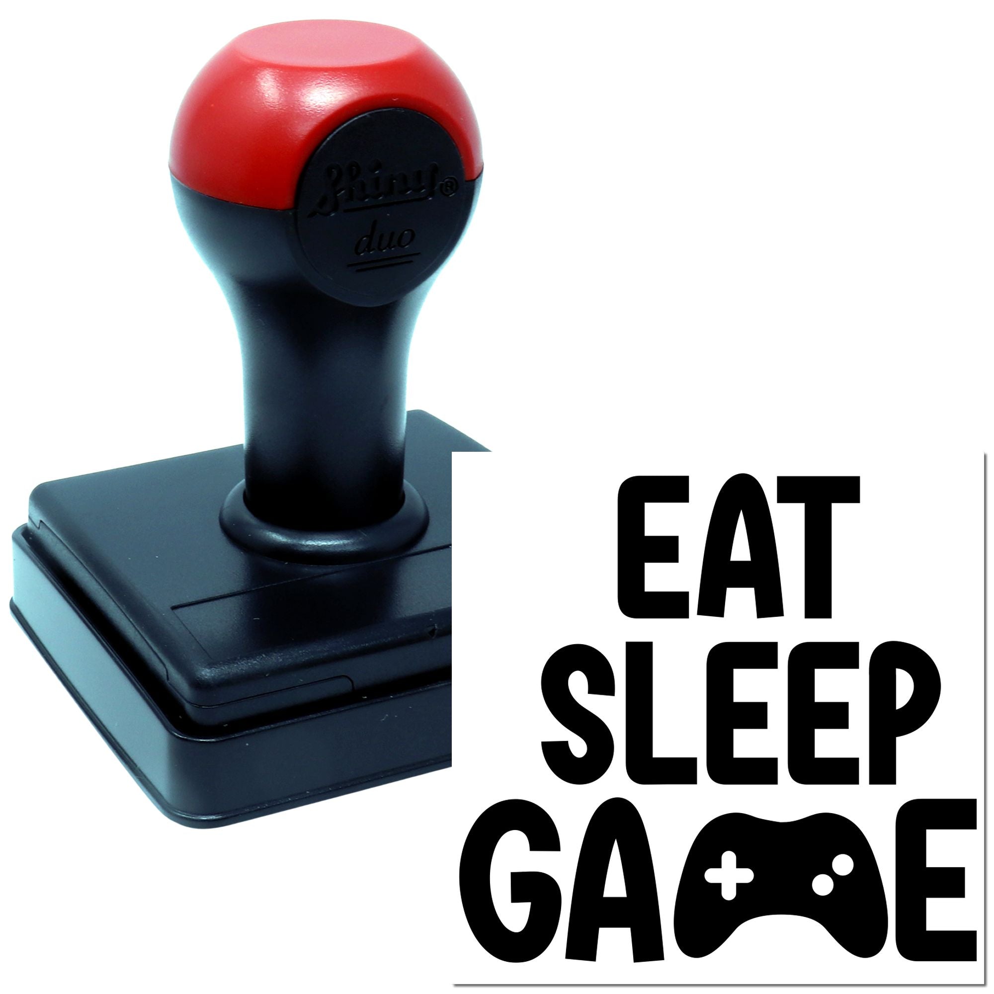 Self-inking rubber stamp with EAT SLEEP GAME text and game controller icon for gamer-themed crafts and labels.