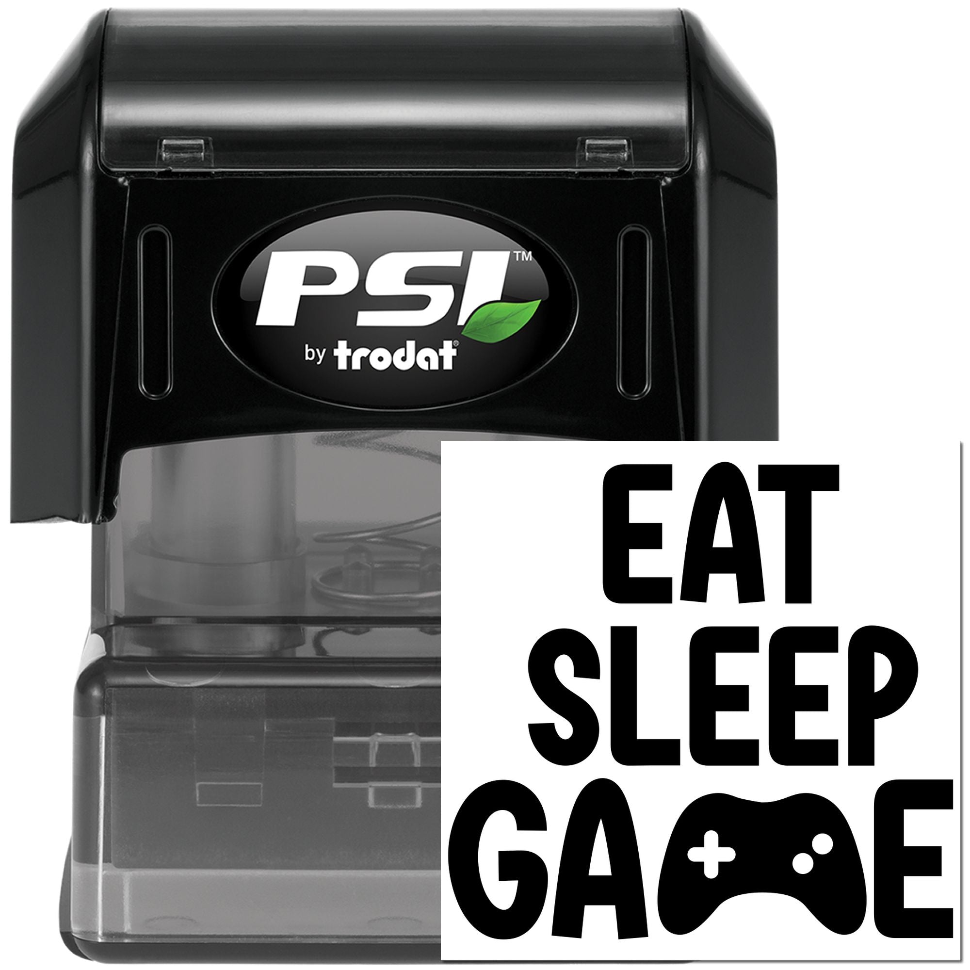 Self-inking rubber stamp with EAT SLEEP GAME design and game controller icon, PSI by Trodat for gamers.