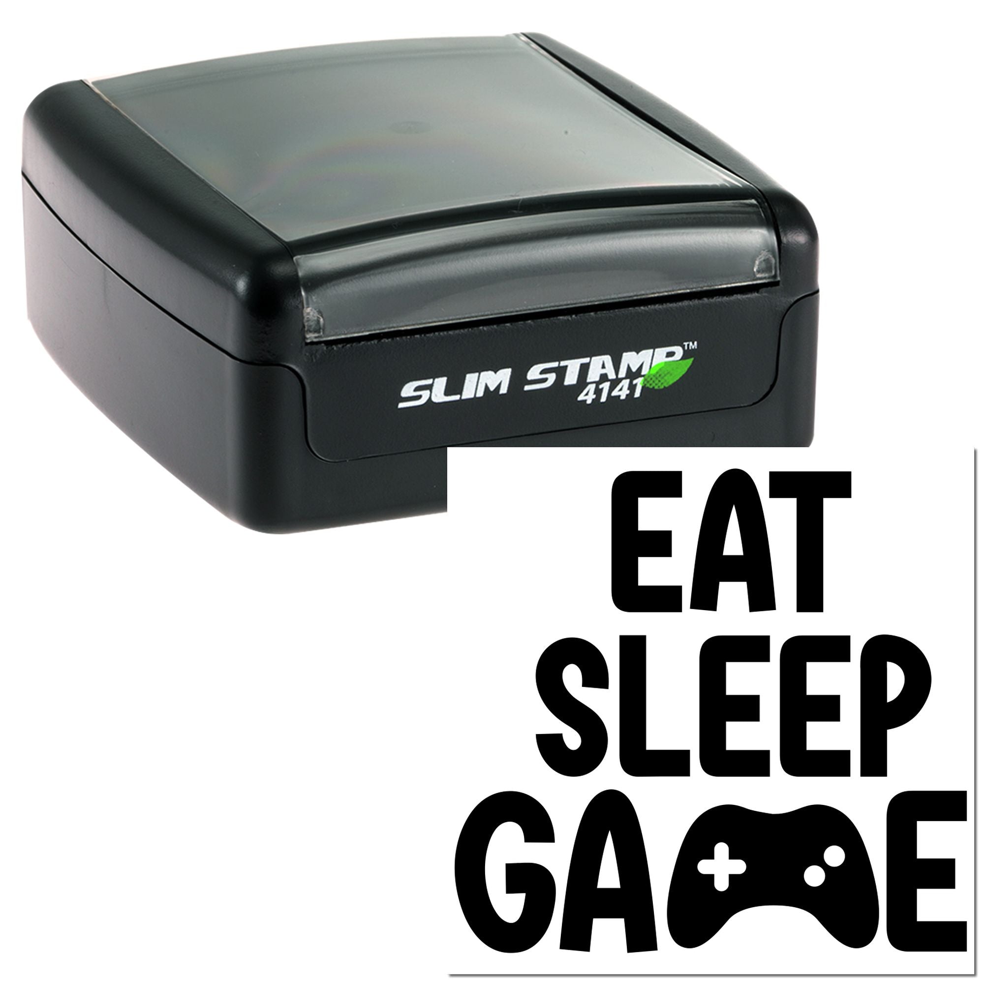 Slim Stamp 4141 rubber stamp with Eat Sleep Game design and game controller icon for gamer crafts, gifts, and branding.