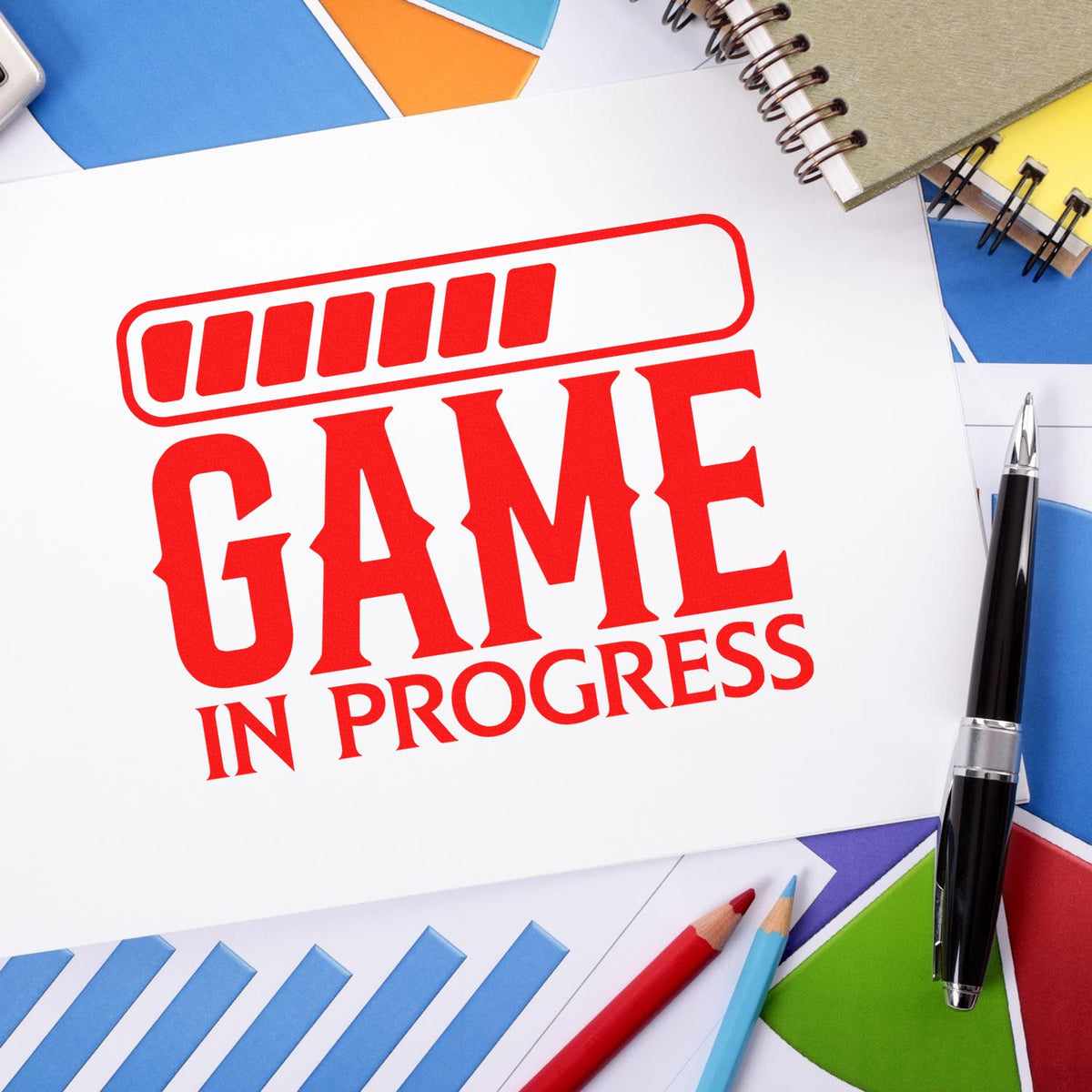 Game In Progress Loading rubber stamp shown in red ink, stamped for projects such as party album page.