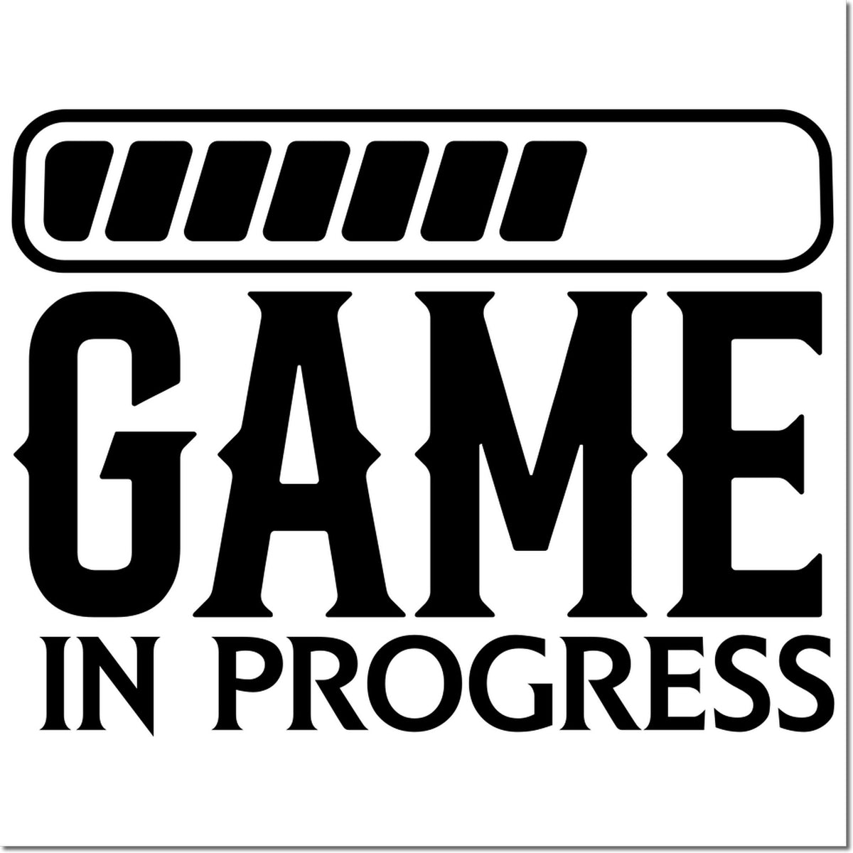 Game in progress rubber stamp graphic with loading bar icon for sports, gaming, or playtesting status.
