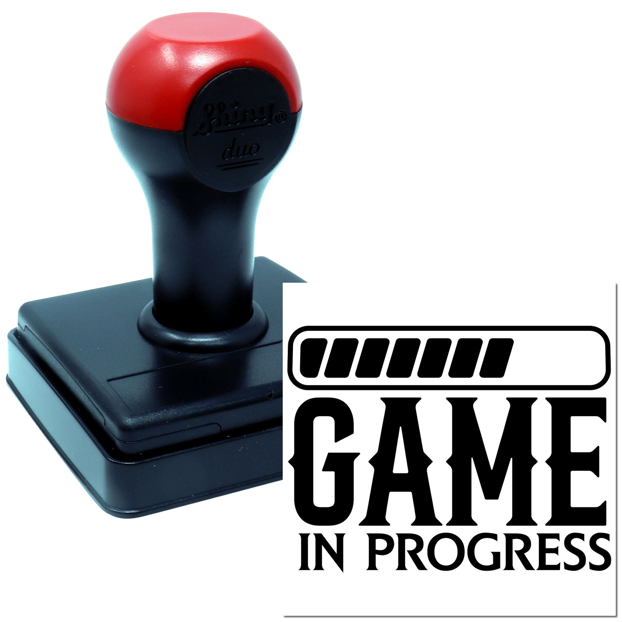 Self-inking rubber stamp with Game In Progress design for sports, gaming, or event use