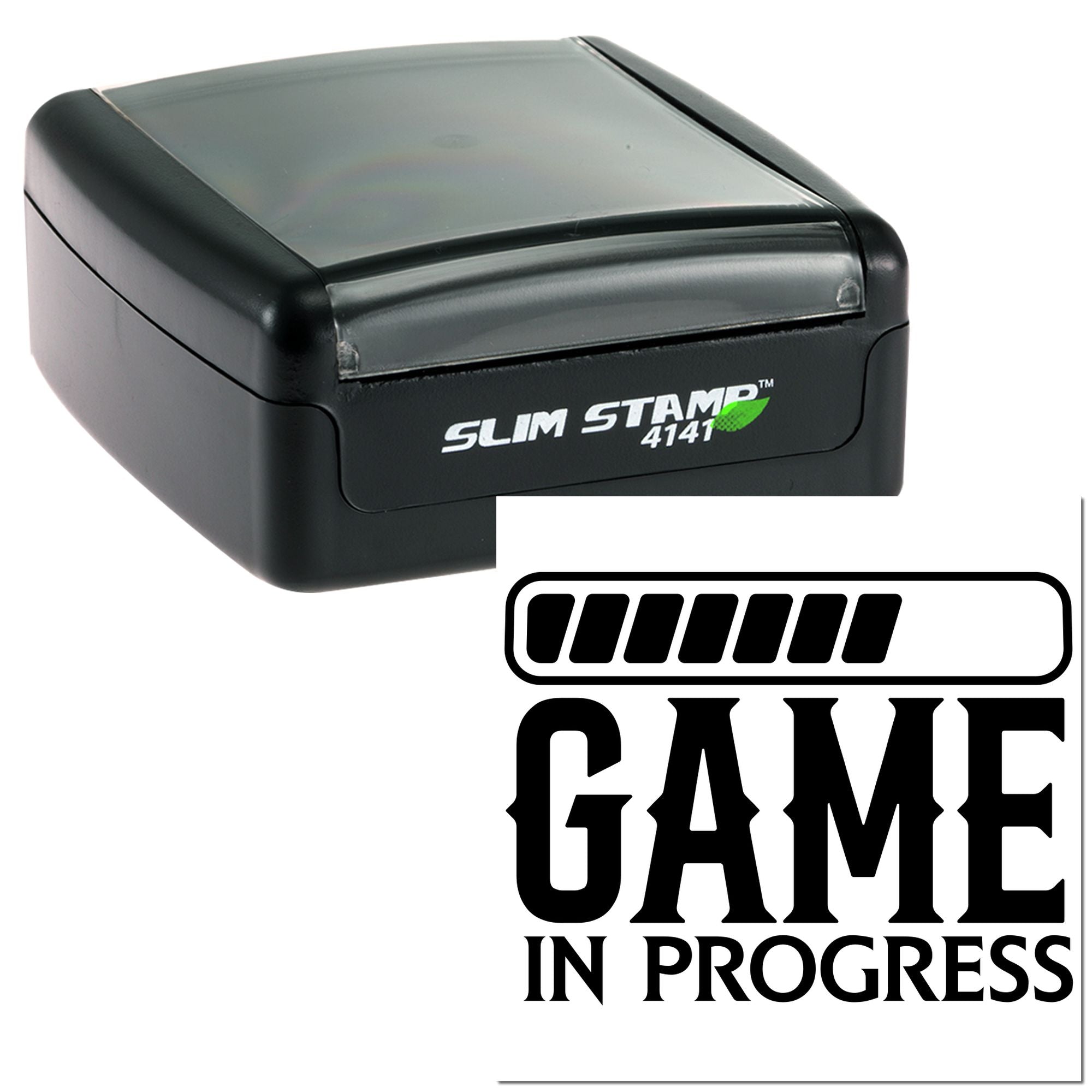 Slim Stamp 4141 self-inking rubber stamp with Game in Progress impression for sports schedules and scorekeeping.