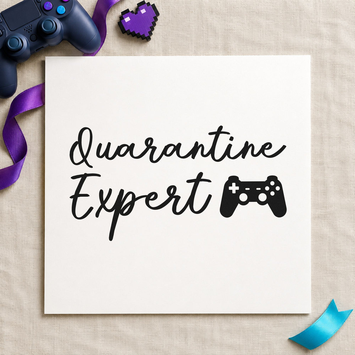 Quarantine Expert Gaming Controller craft stamp imprint in black ink on a handmade project, one idea being care box gift tags.