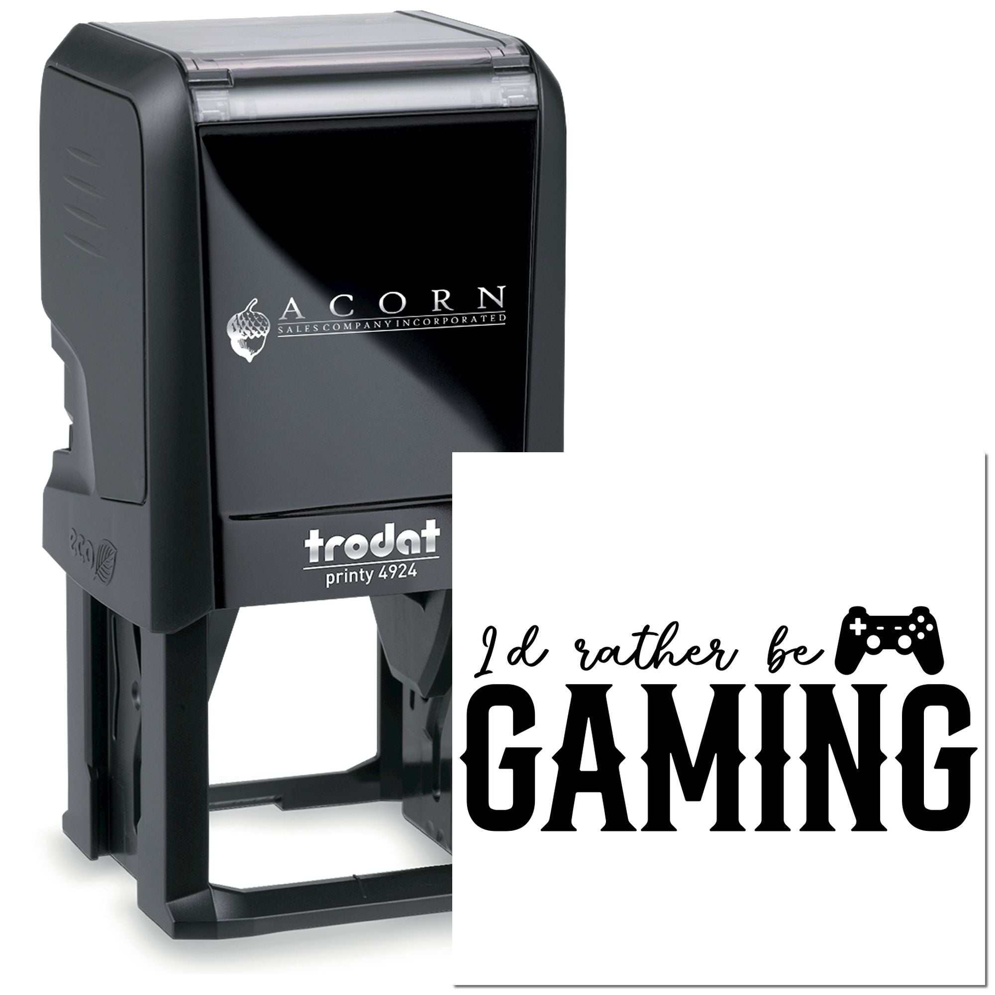 Custom Trodat self-inking rubber stamp with Id rather be gaming design and game controller icon for personalized stamping