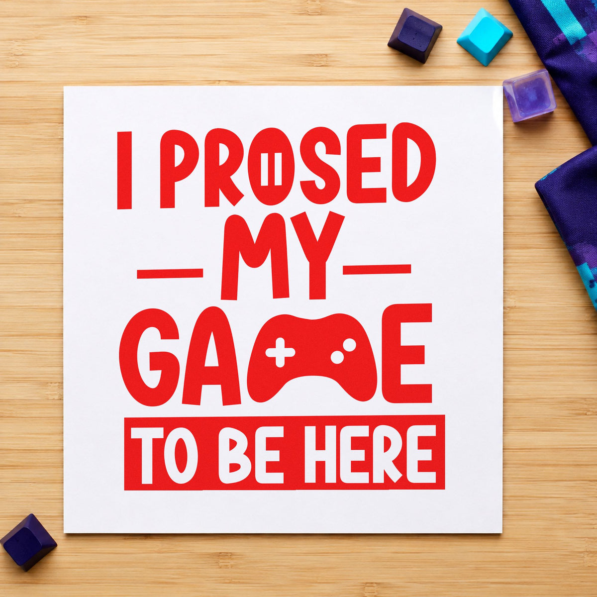 Gaming To Be Here rubber stamp shown in red ink, stamped for projects such as bin formal labels.