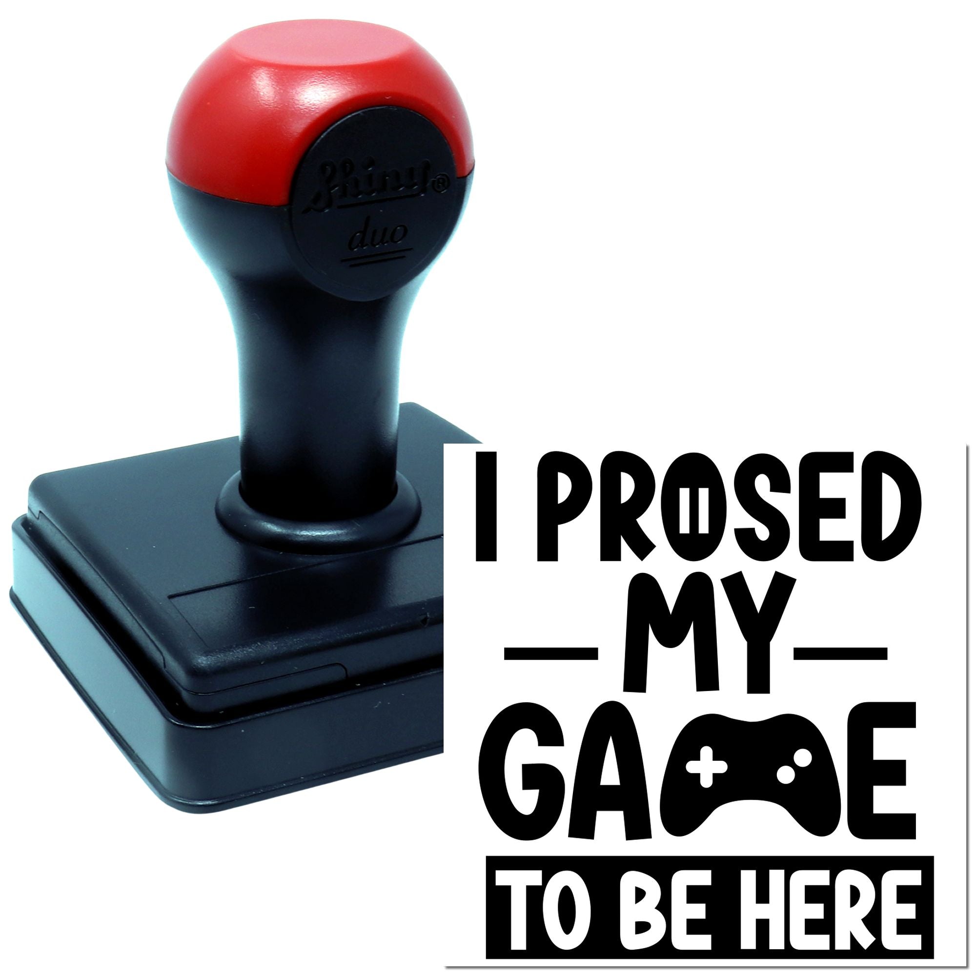 Self-inking rubber stamp with gamer quote design for personalized crafting, office marking, and custom branding.