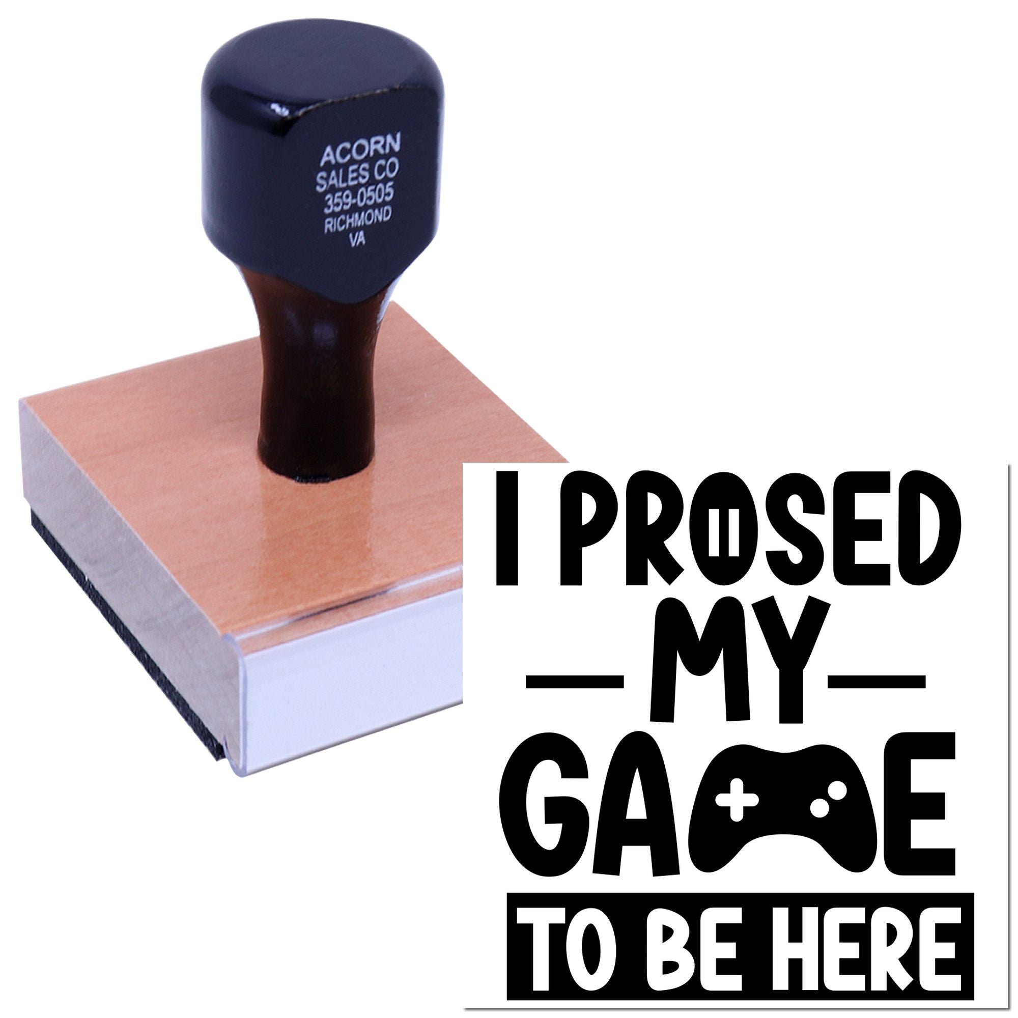 Custom rubber stamp with humorous gamer message and controller icon, ideal for personalized gaming-themed stamping.