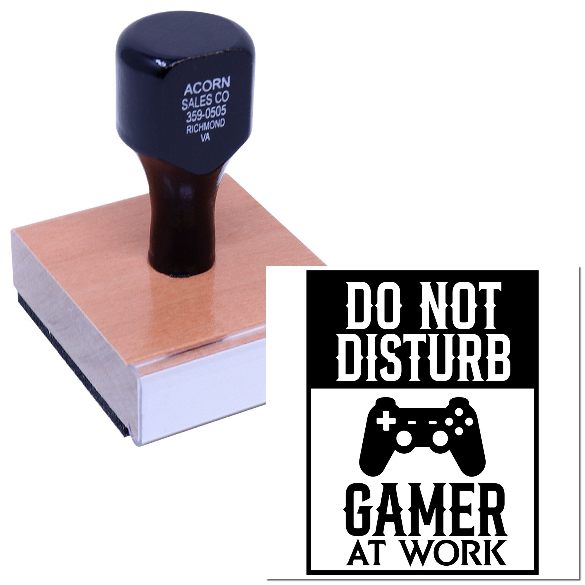 Custom rubber stamp showing Do Not Disturb Gamer at Work design for personalized gamer messages and office use.