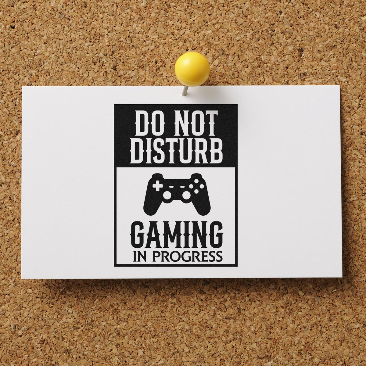 Do Not Disturb Gaming In Progress rubber stamp design for gamers, featuring a game controller icon.