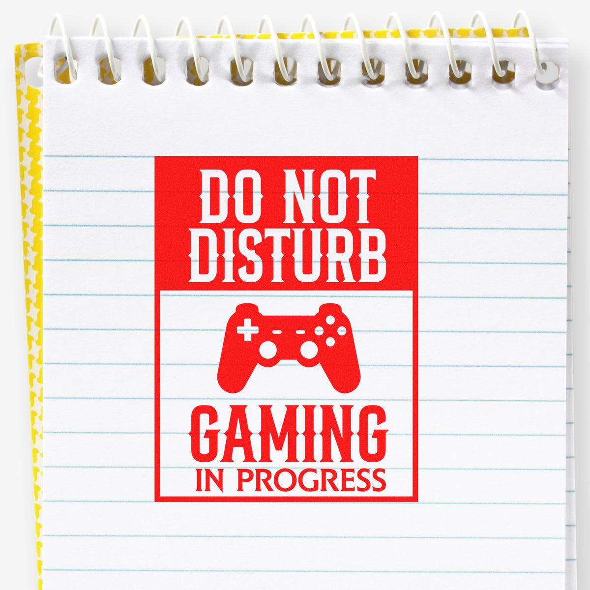 Do Not Disturb Gaming in Progress rubber stamp design with game controller for gamer notebooks, gifts, and custom stationery.