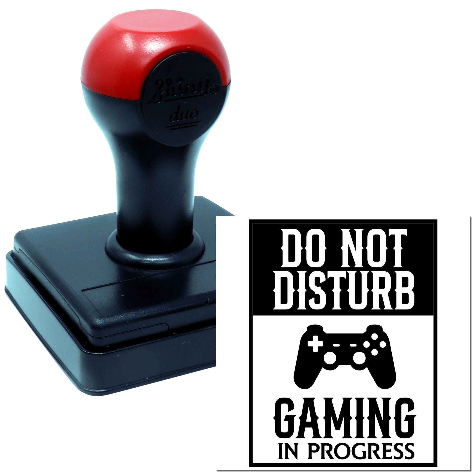 Self-inking rubber stamp for gamers with Do Not Disturb Gaming in Progress message and controller icon.