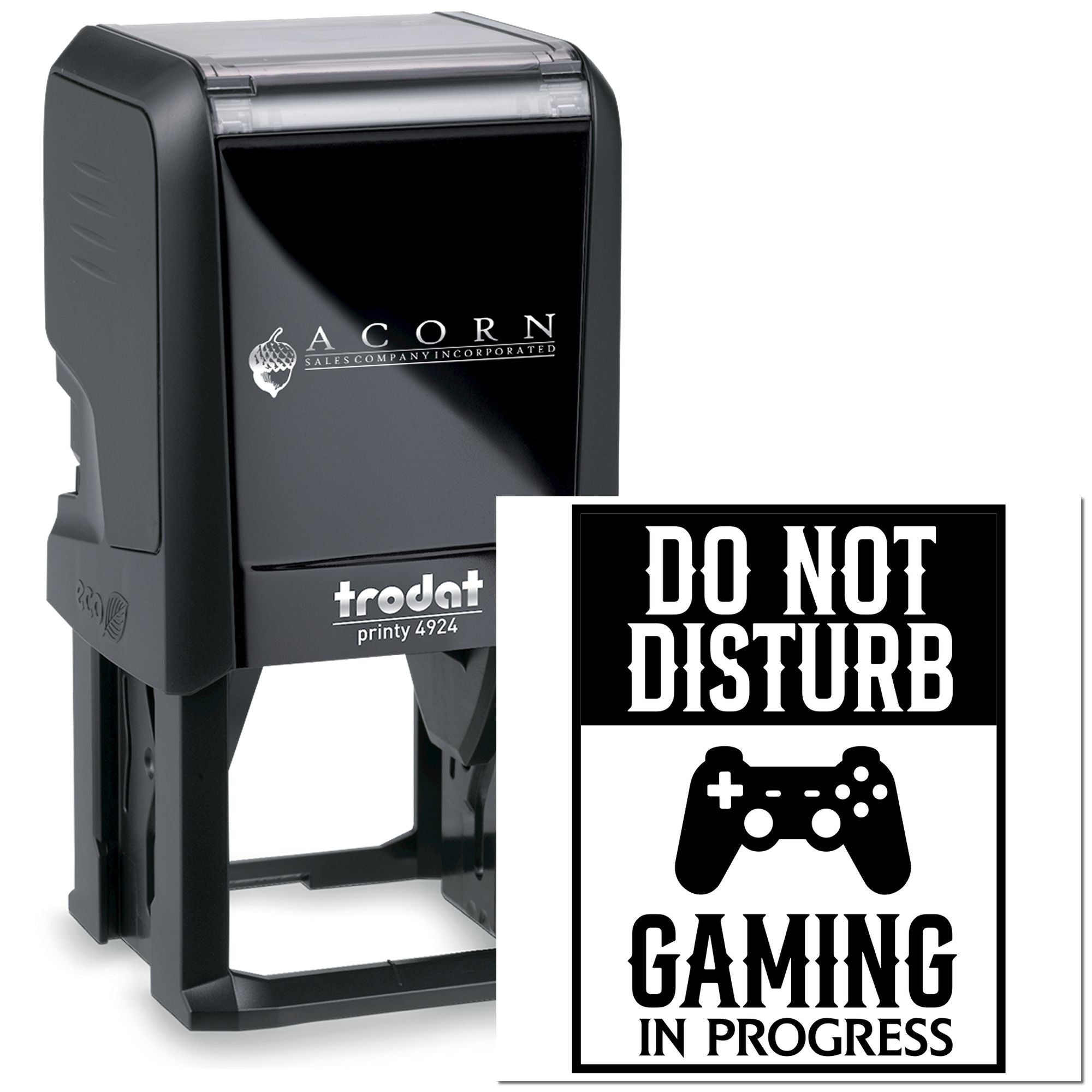 Trodat Printy 4924 self-inking rubber stamp with Do Not Disturb Gaming in Progress design for gamers and streamers.