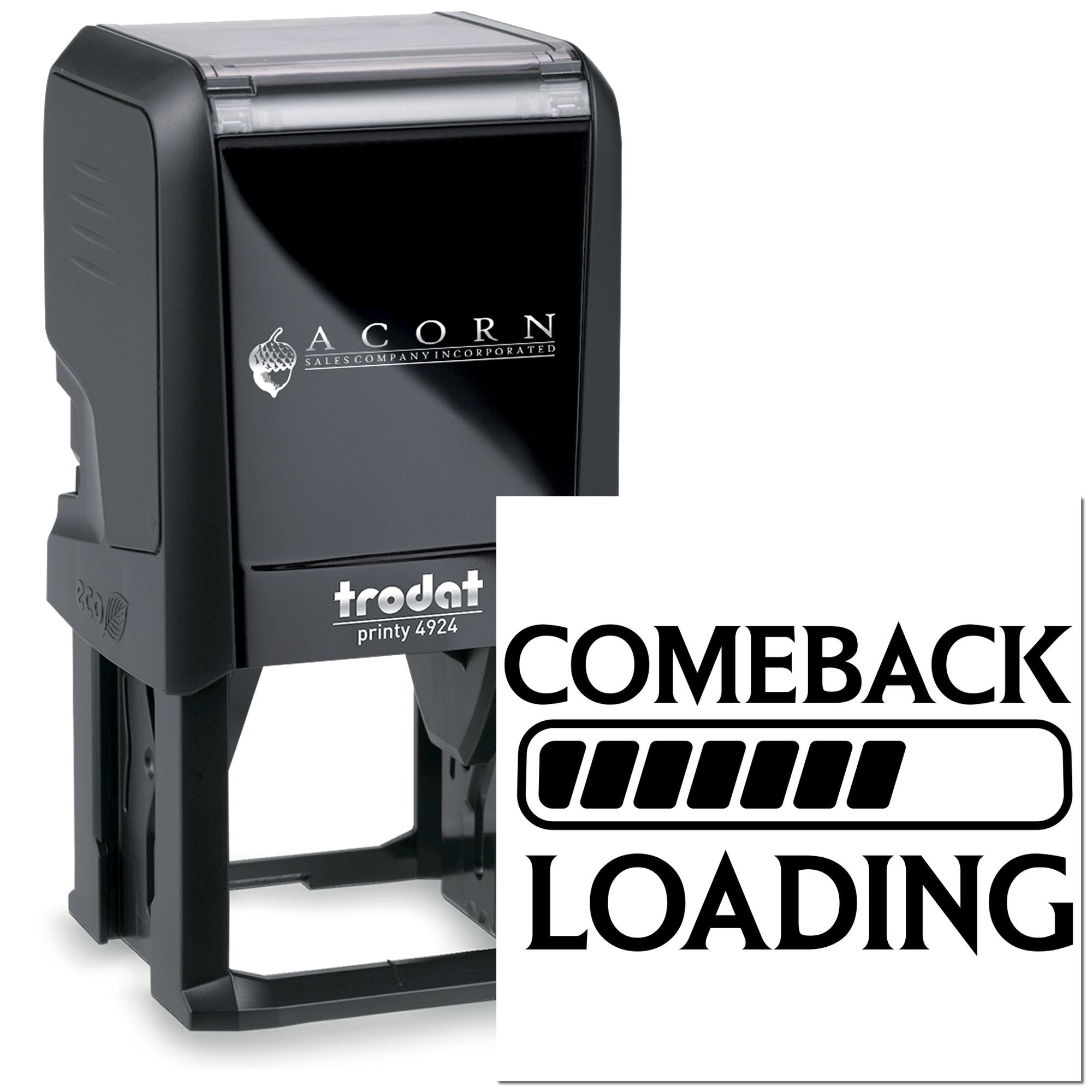 Trodat Printy 4924 self-inking rubber stamp with custom Comeback Loading design for branded business stamping.
