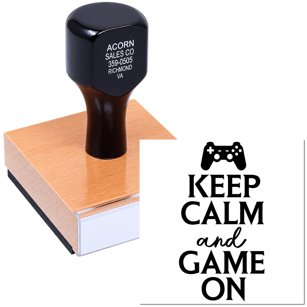 Keep Calm and Game On rubber stamp with game controller icon for gaming-themed branding and crafts.