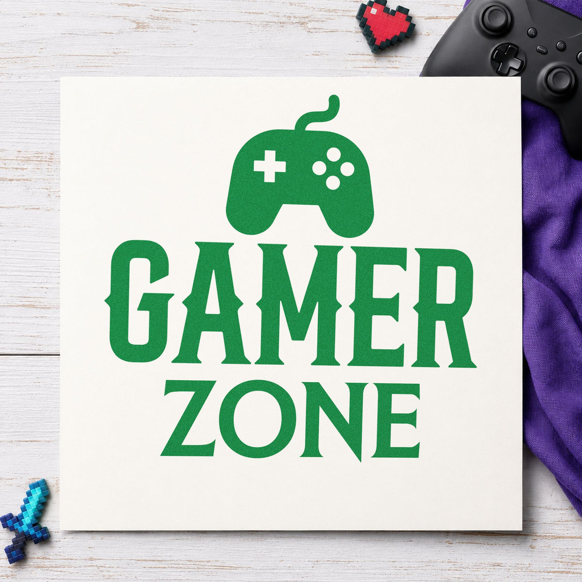 Gamer Zone Wired Controller craft stamp in green ink on cardstock, an easy option for game room album page.