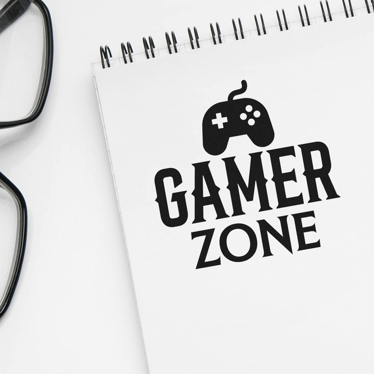 Custom Gamer Zone rubber stamp with controller icon, ideal for gamer-themed notebooks, packaging, and craft branding.