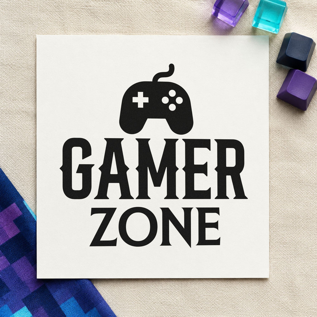 Gamer Zone Wired Controller craft stamp imprint in black ink on a handmade project, one idea being decor gift tags.