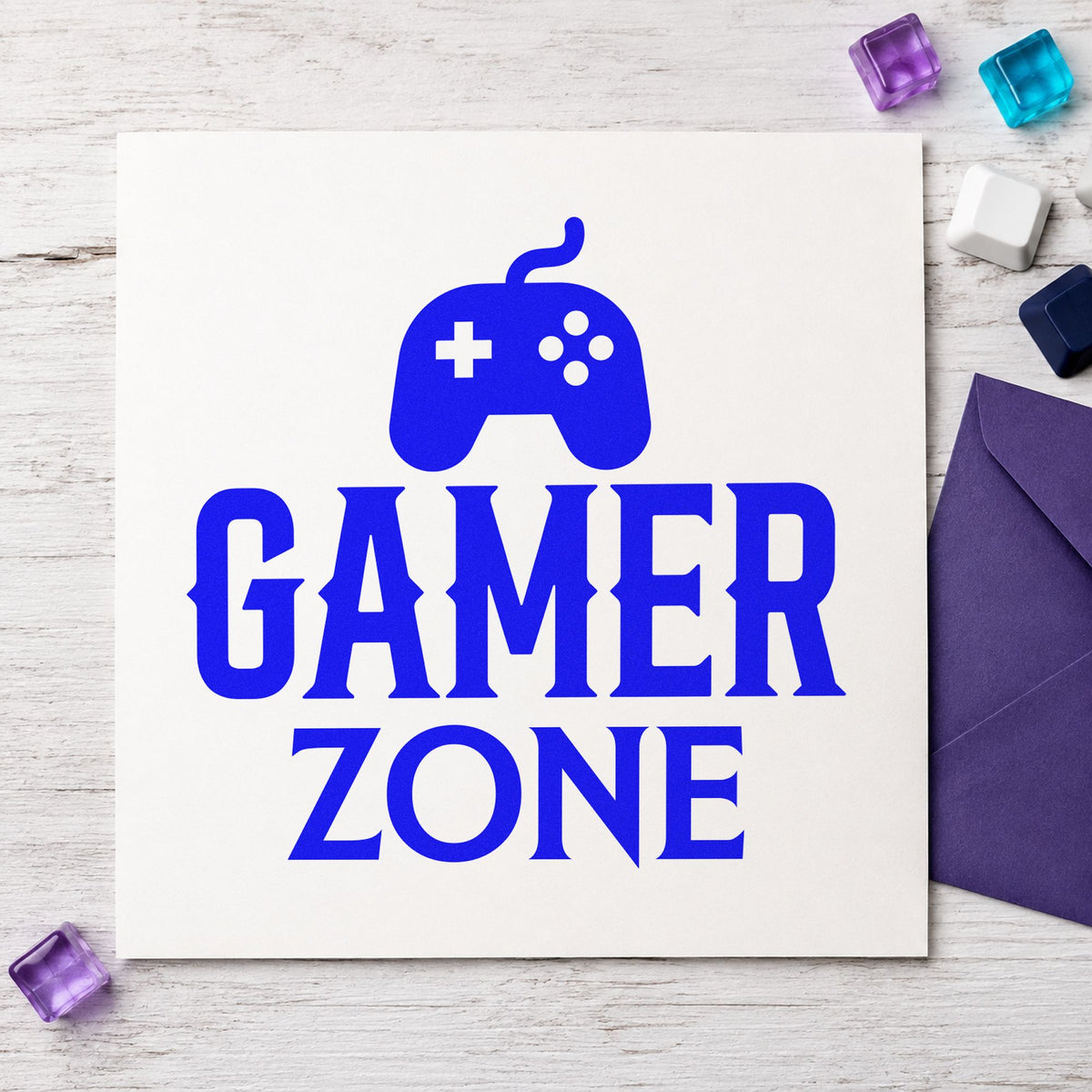 Gamer Zone Wired Controller craft stamp in blue ink on cardstock, an easy option for bean bag printing.