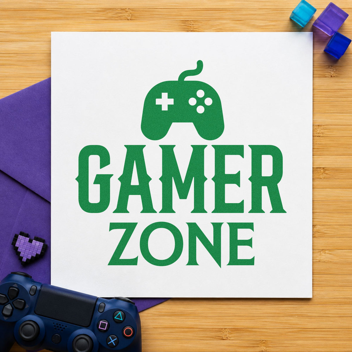 Gamer Zone Wired Controller craft stamp imprint in green ink on a handmade project, one idea being house rule cards.