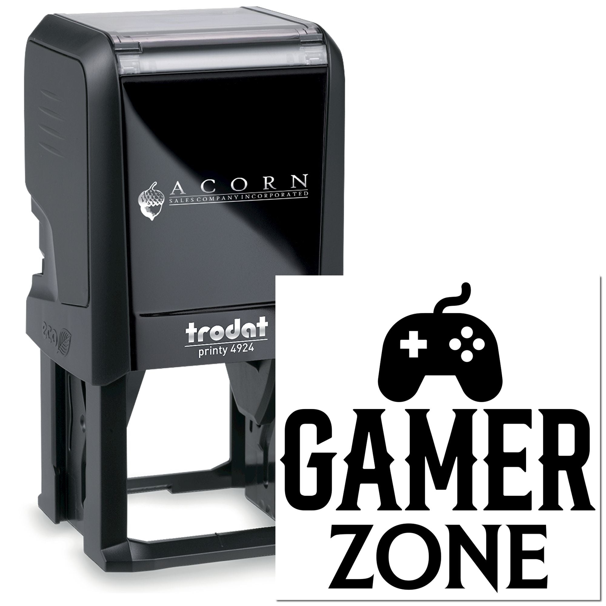 Custom self-inking rubber stamp with Gamer Zone design and game controller icon for gaming-themed branding.
