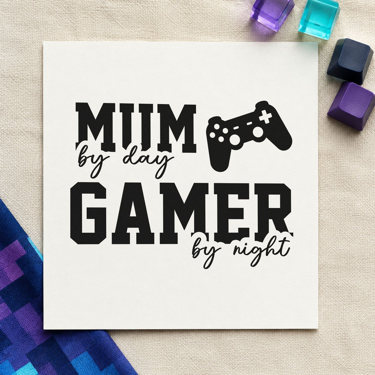 mom Day Gamer Night craft stamp in black ink on cardstock, an easy option for corner album page.