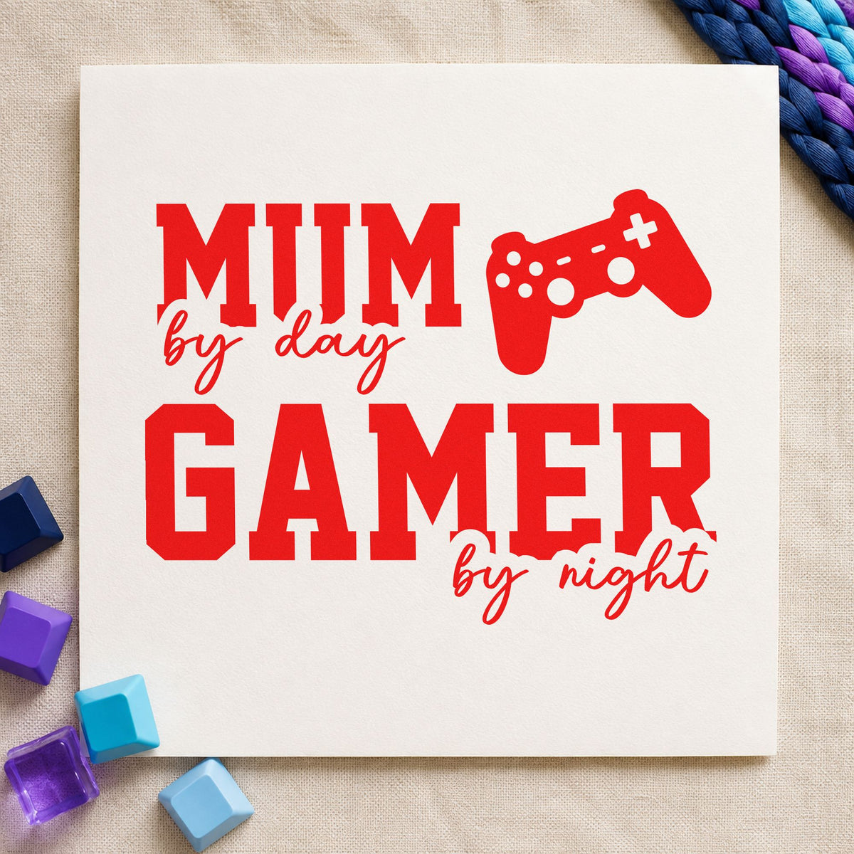 mom Day Gamer Night craft stamp imprint in red ink on a handmade project, one idea being game queue cards.