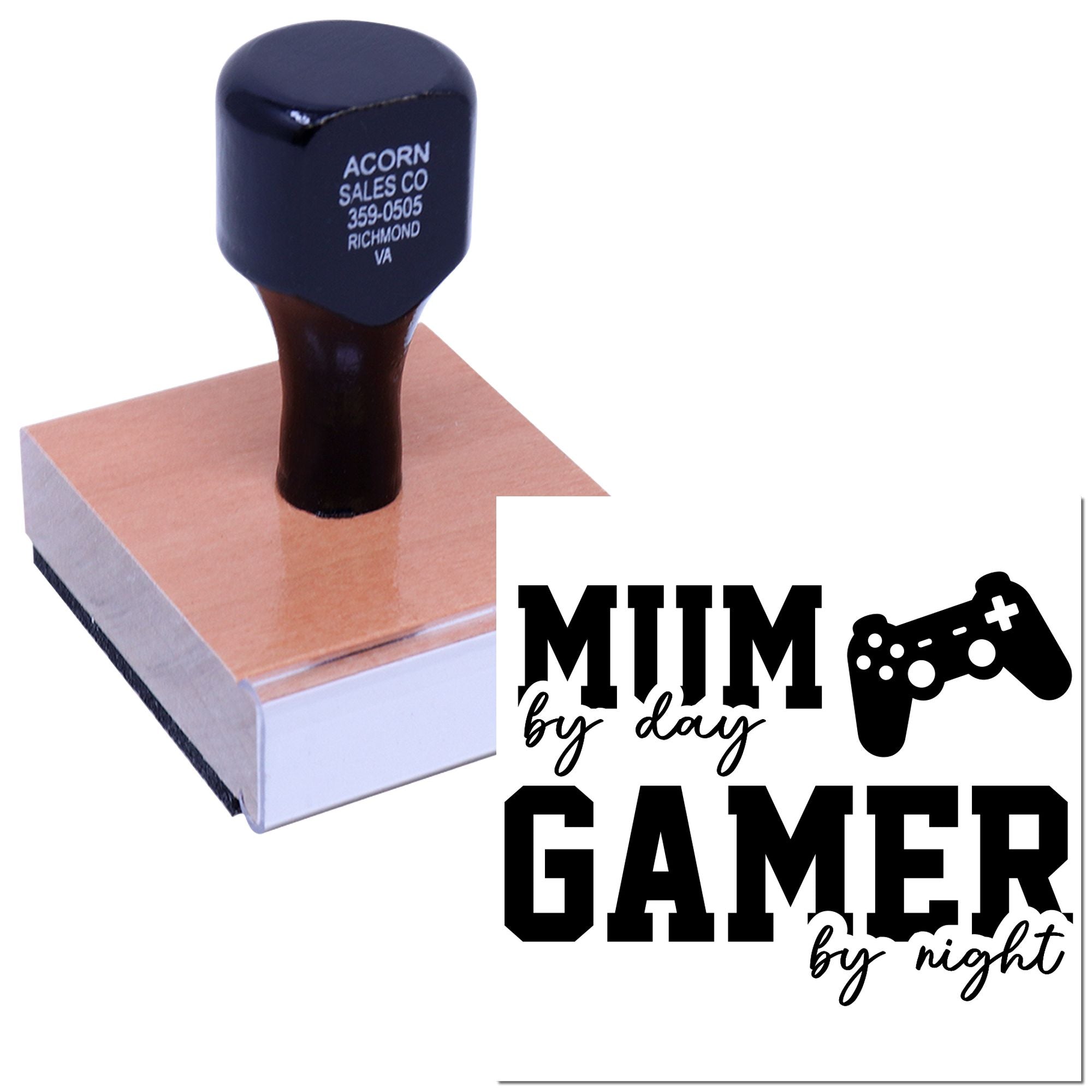 Custom rubber stamp with Mum by Day, Gamer by Night design and game controller icon for personalized stamping.