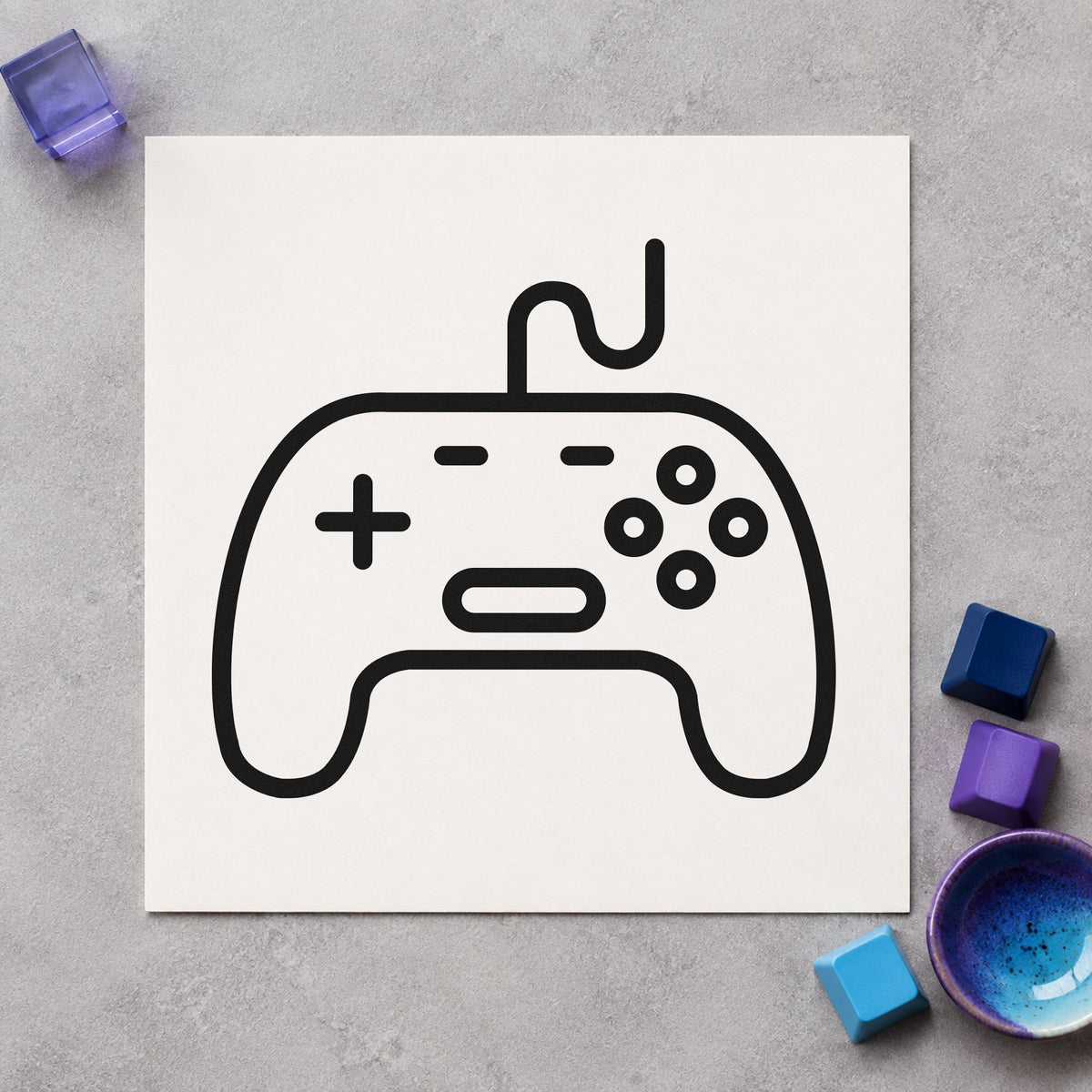 Outlined Wired Game Controller rubber stamp printed in black ink, ready for want list sheet and similar paper crafts.