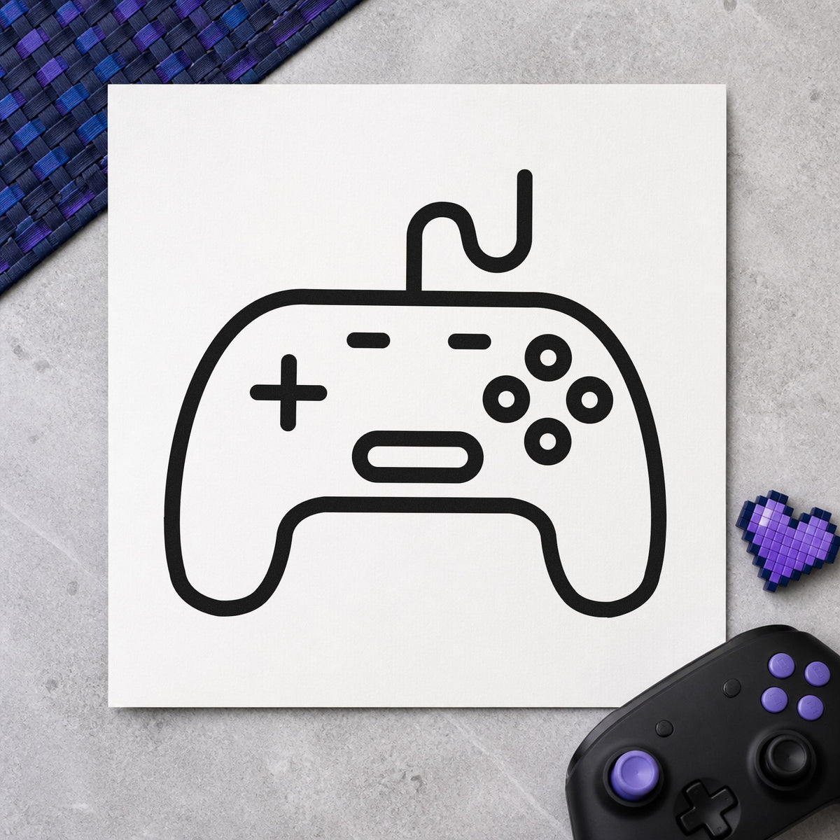 Outlined Wired Game Controller rubber stamp printed in black ink, ready for wired outline cards and similar paper crafts.