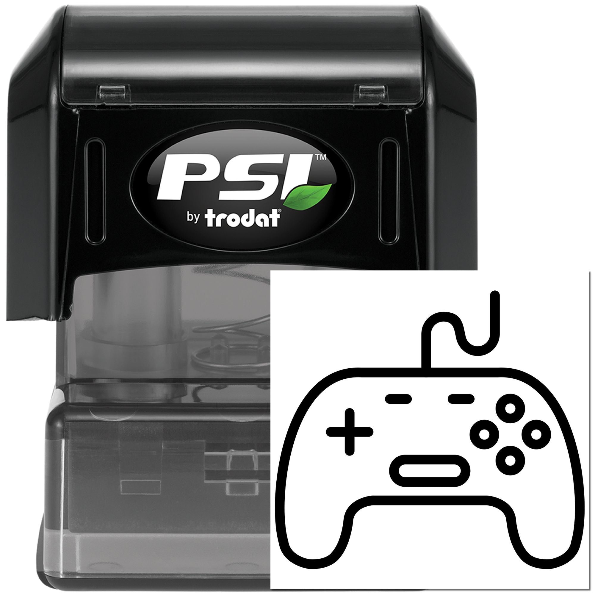 PSI by Trodat self-inking rubber stamp with video game controller design for custom gaming branding.