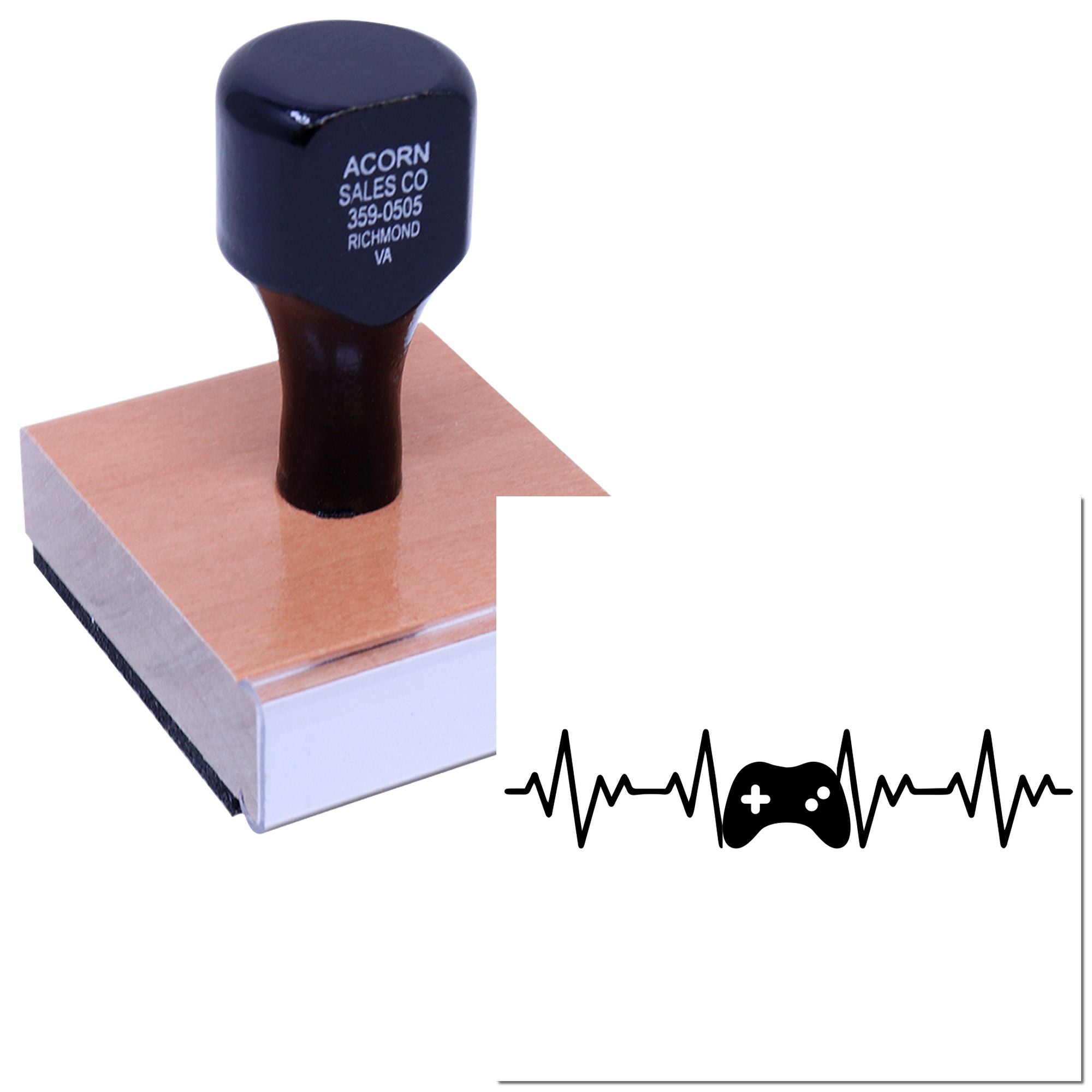 Custom logo rubber stamp with company name and contact details on a square wood block
