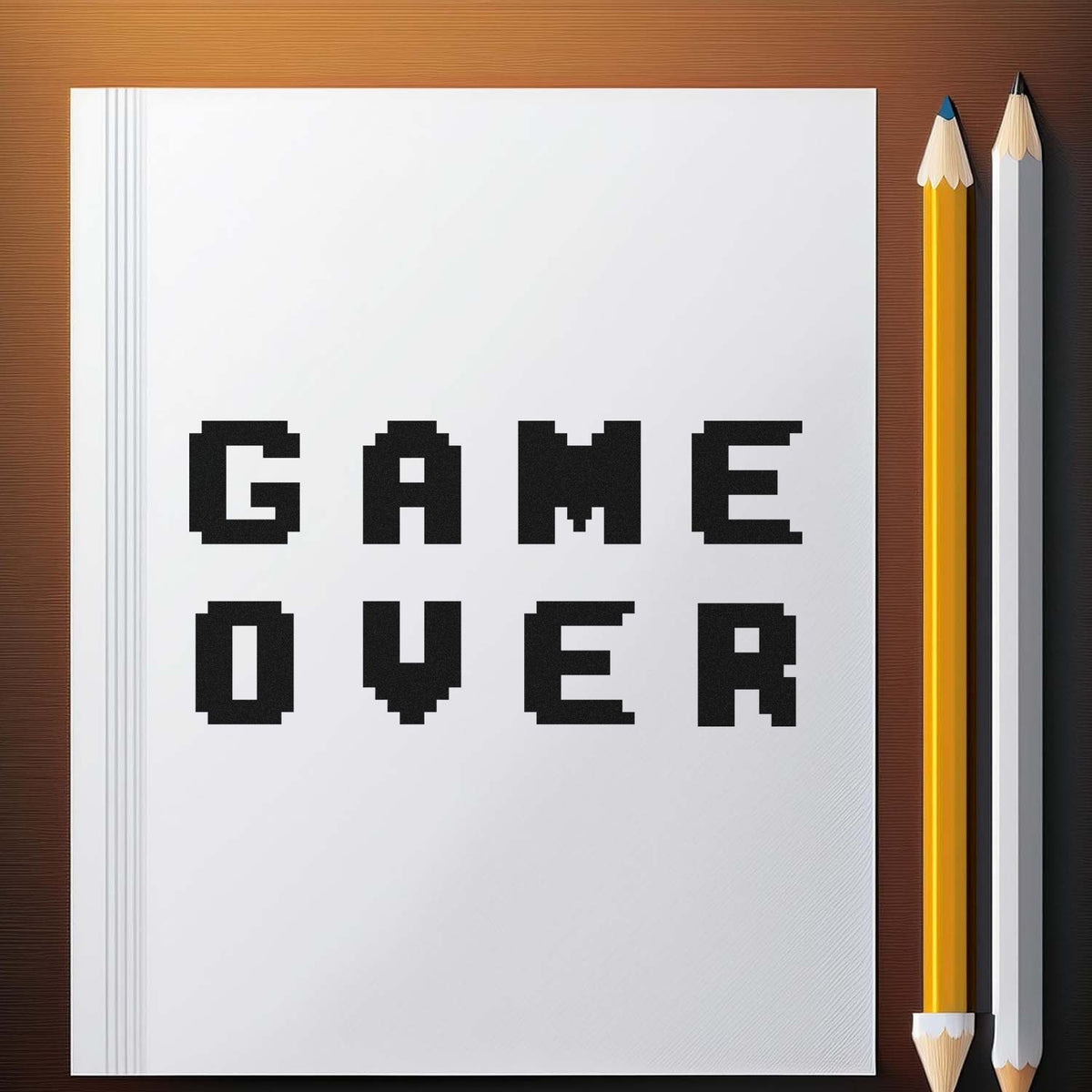 Game Over Pixel Lettering Premium Wooden Stamp - Vintage Pro imprint stamped in black ink. GAME OVER appears in two lines of widely spaced pixel-style capitals.