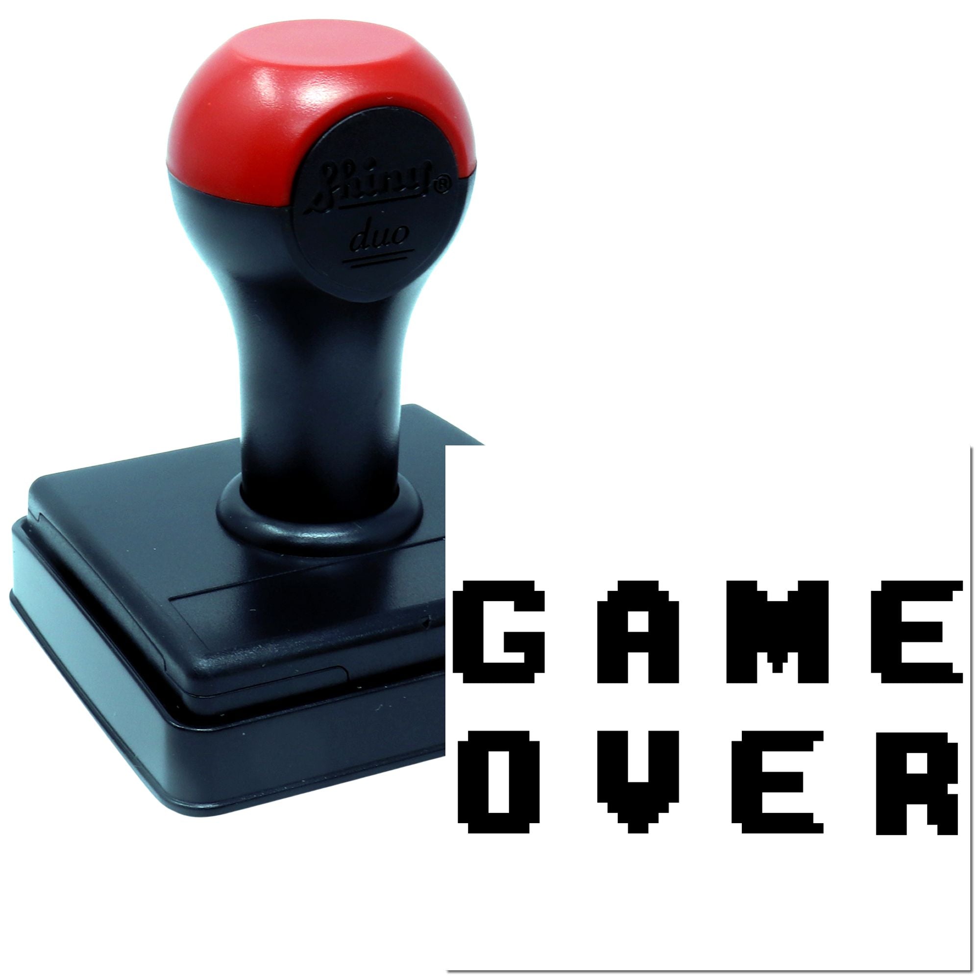 Self-inking rubber stamp featuring pixel-style GAME OVER text, ideal for gaming-themed crafts, cards, and novelty impressions.