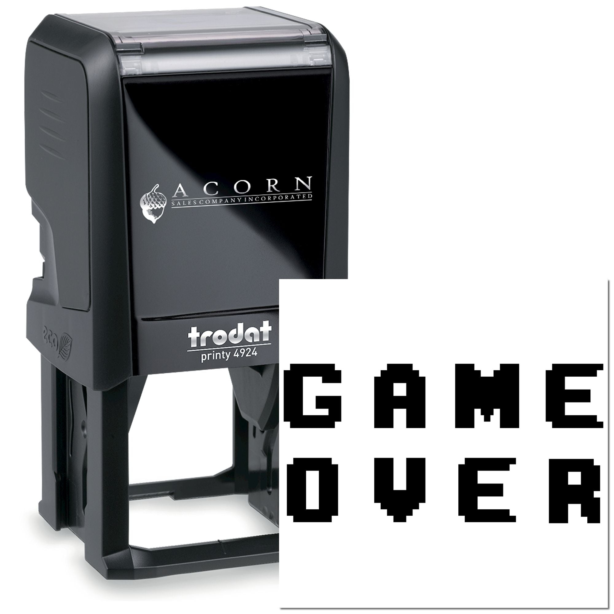 Custom self-inking rubber stamp with GAME OVER text, Trodat Printy 4924 for fast, clear impressions.