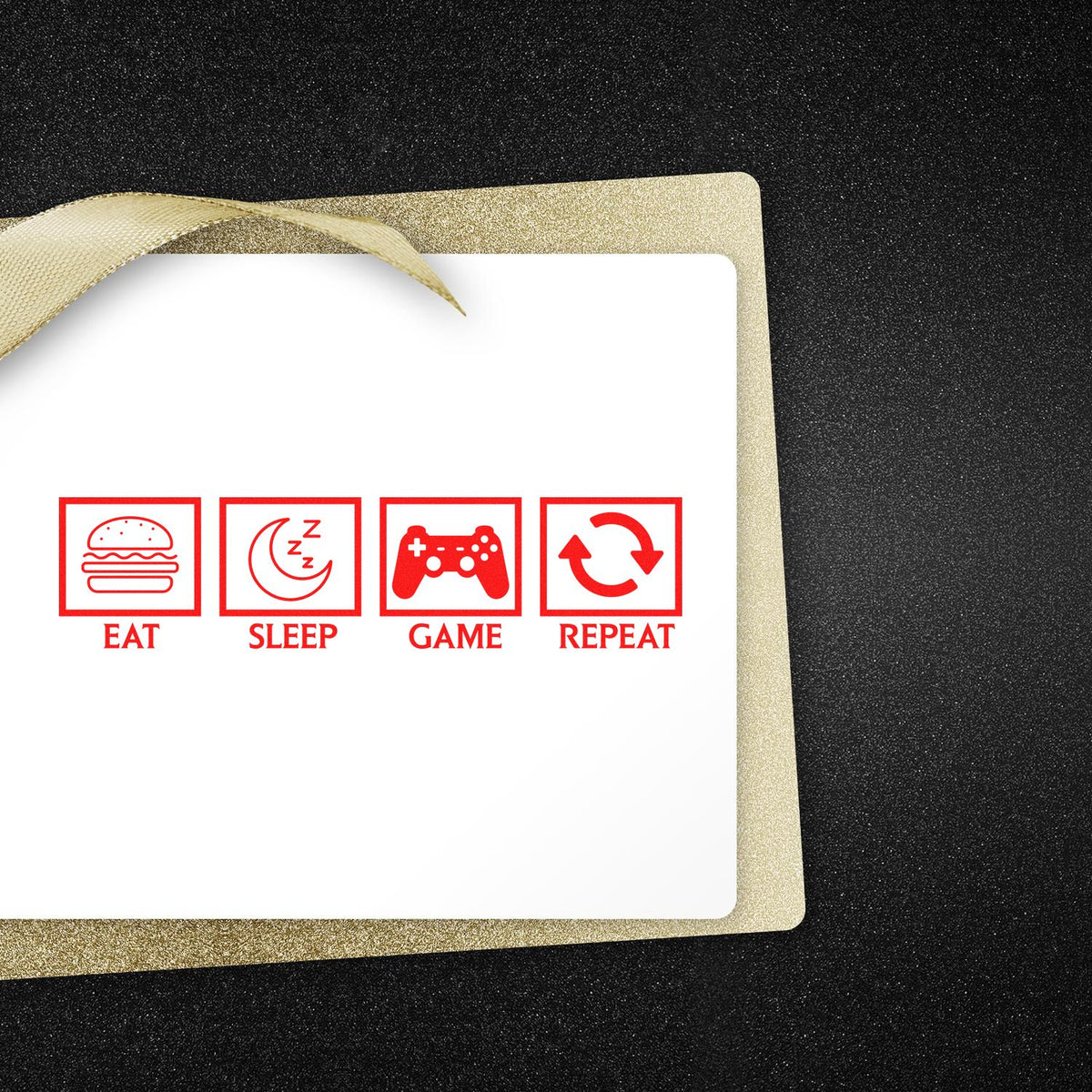 Eat Sleep Game Repeat rubber stamp for gaming gifts, featuring burger, sleep, controller, and repeat icons.