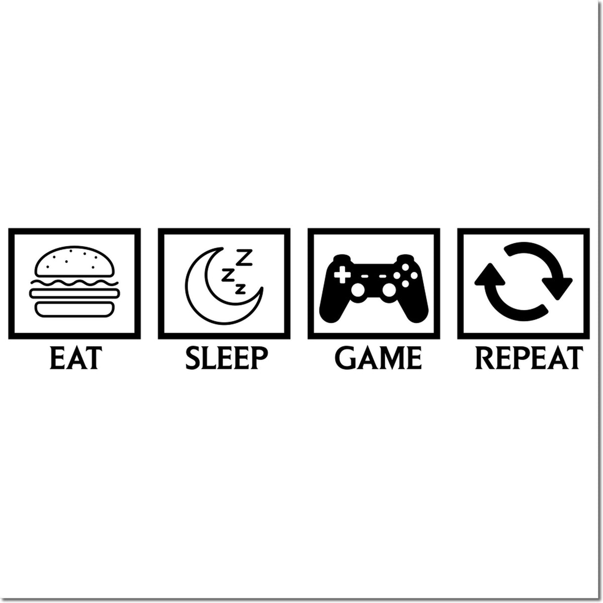 Eat Sleep Game Repeat rubber stamp design with burger, moon, game controller and repeat icons.