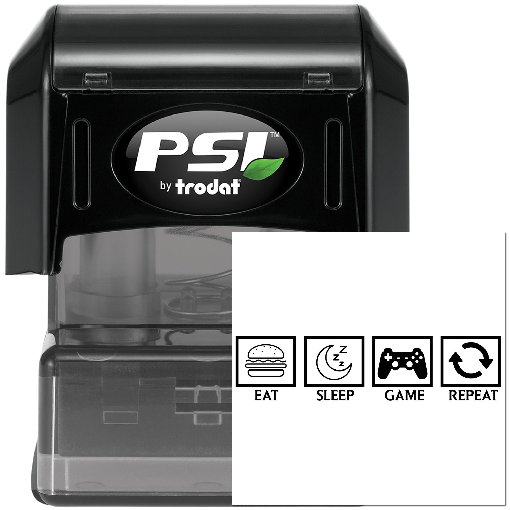 PSI by Trodat self-inking rubber stamp, Eat Sleep Game Repeat design for gamer-themed custom stamping.