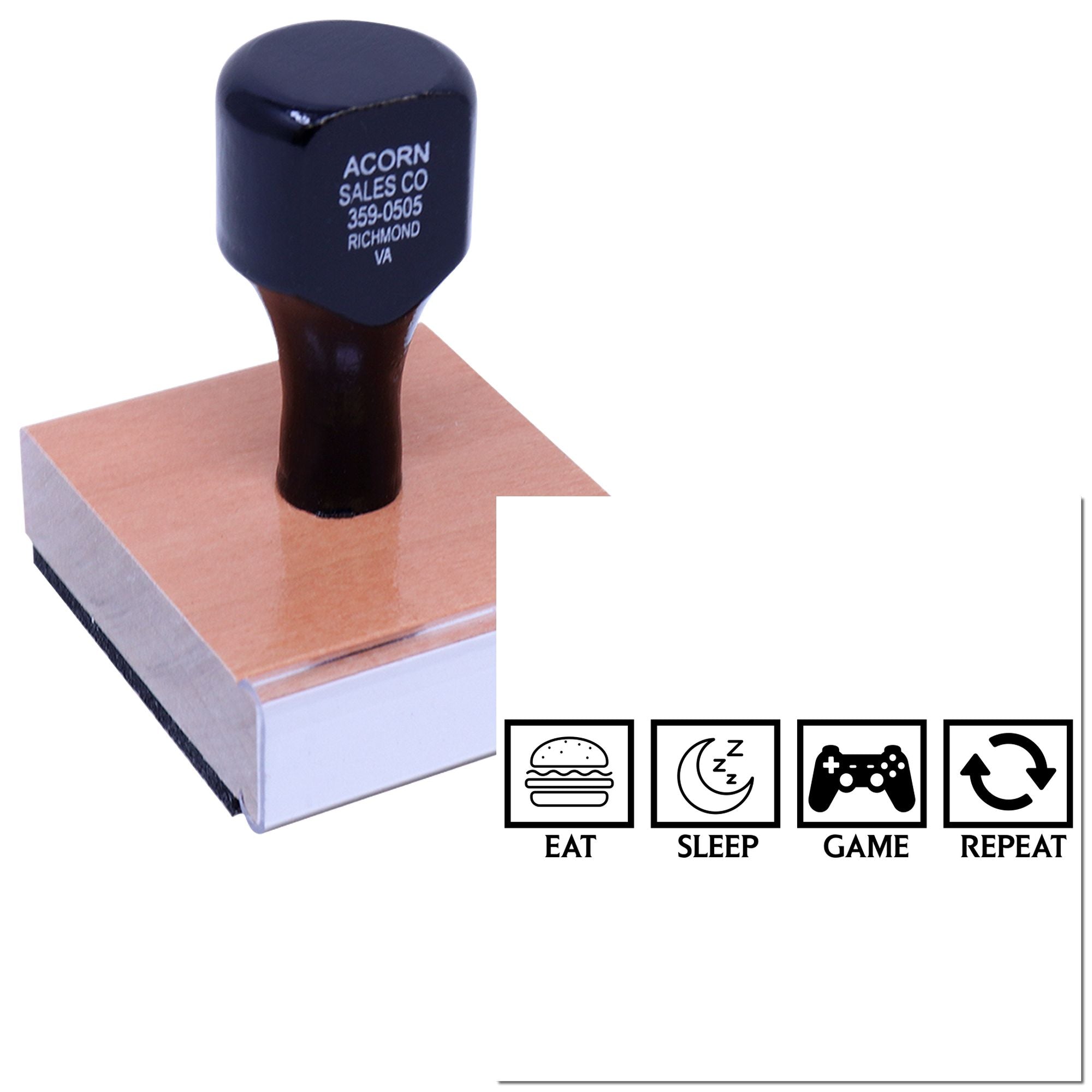 Custom rubber stamp showing a business logo and Eat Sleep Game Repeat design for branding and promotional stamping.