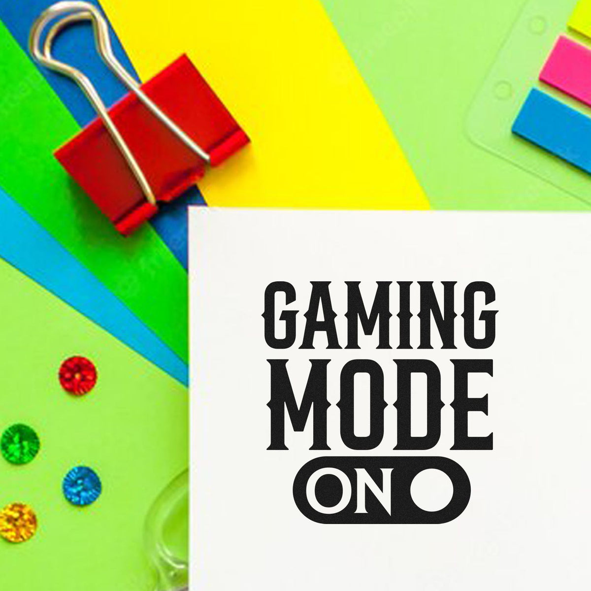 Gaming Mode Toggle Switch Pre-Inked Stamp – PSI imprint stamped in black ink. GAMING MODE appears above an ON toggle switch.