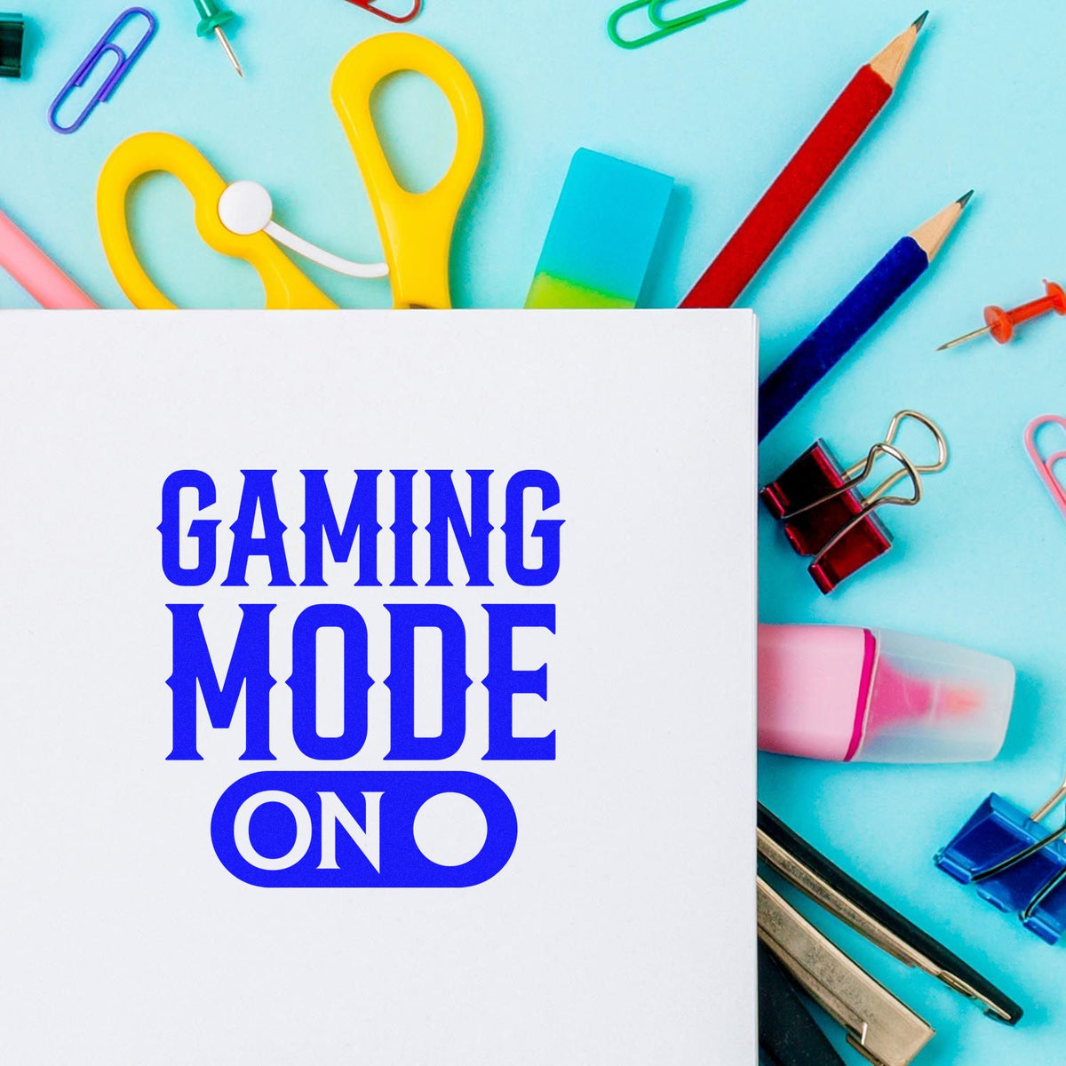 Gaming Mode On custom rubber stamp imprint on white paper, with colorful stationery background.