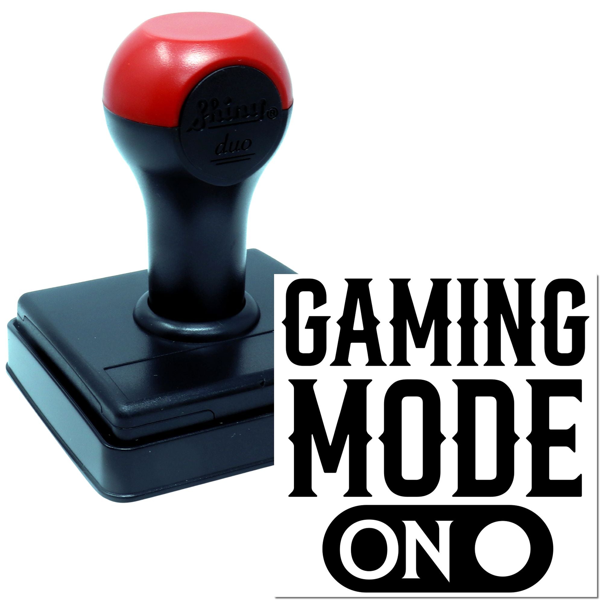 Gaming Mode On rubber stamp, red and black self-inking stamp for custom gamer novelty marking.