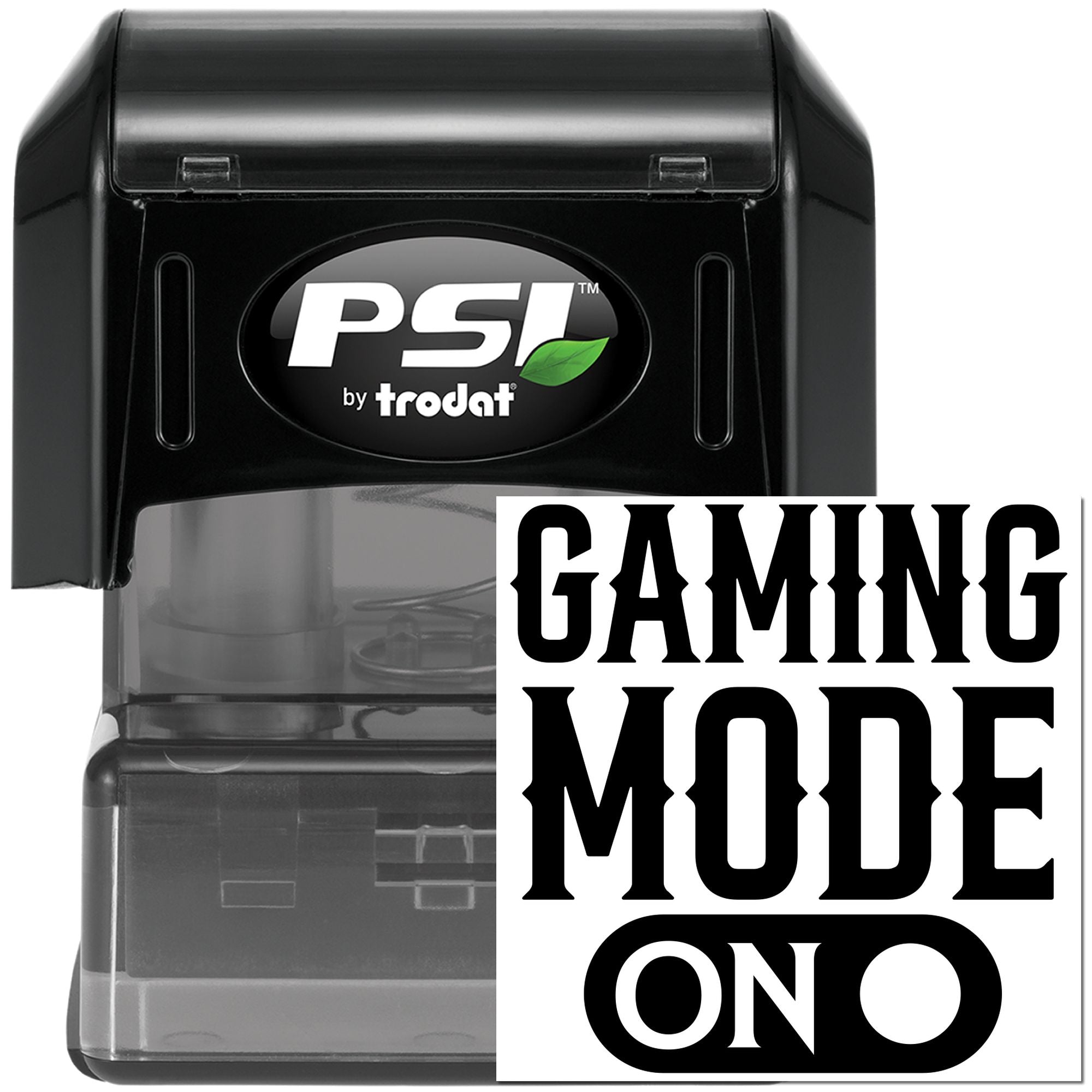 Gaming Mode On self-inking rubber stamp by PSI Trodat for custom gamer branding, craft projects, and office marking.